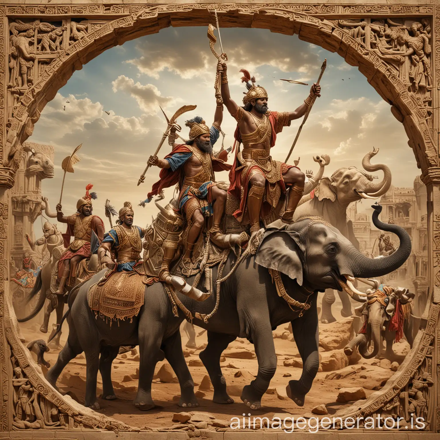 two ancient heroes fighting one on horseback and other on an elephant