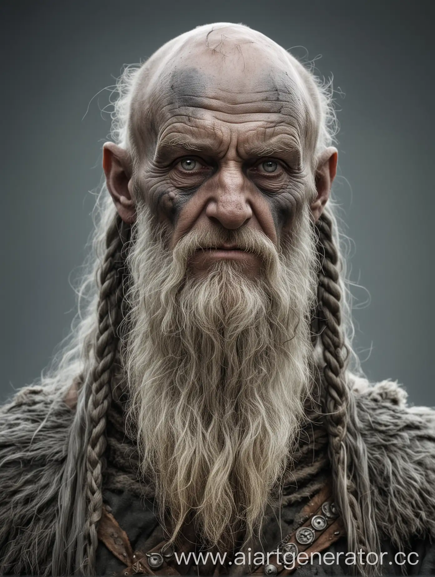 Очень старый, лысеющий, немощный друид викингов, с серой кожей.