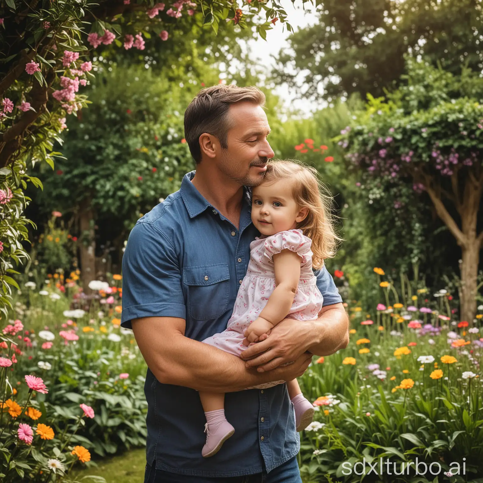  DAD WITH GIRL 
KID IN BEAUTIFUL GARDEN FANTACY BACKGROUND