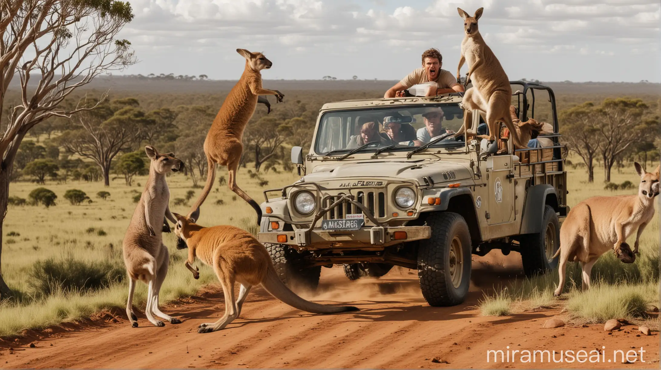 Animals like, Kangaroo and other Australian animals trying to Attack a couple sitting on a jeep,

"jeep in the middle of the photo front facing"