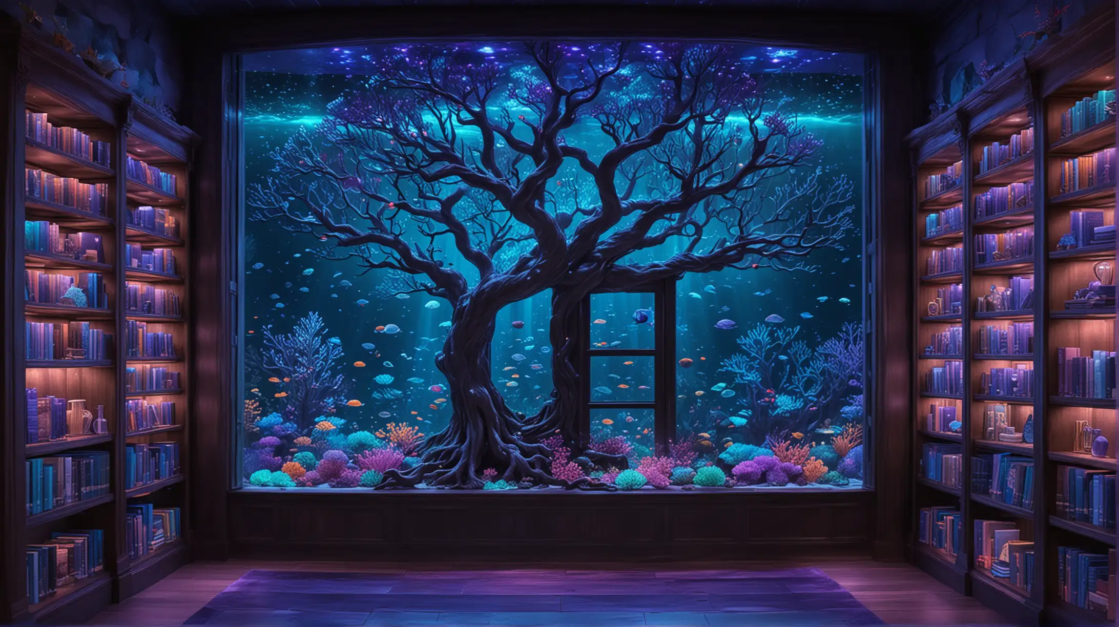Majestic Magical Tree in Ocean Library with Glowing Potions and Coral Garden View