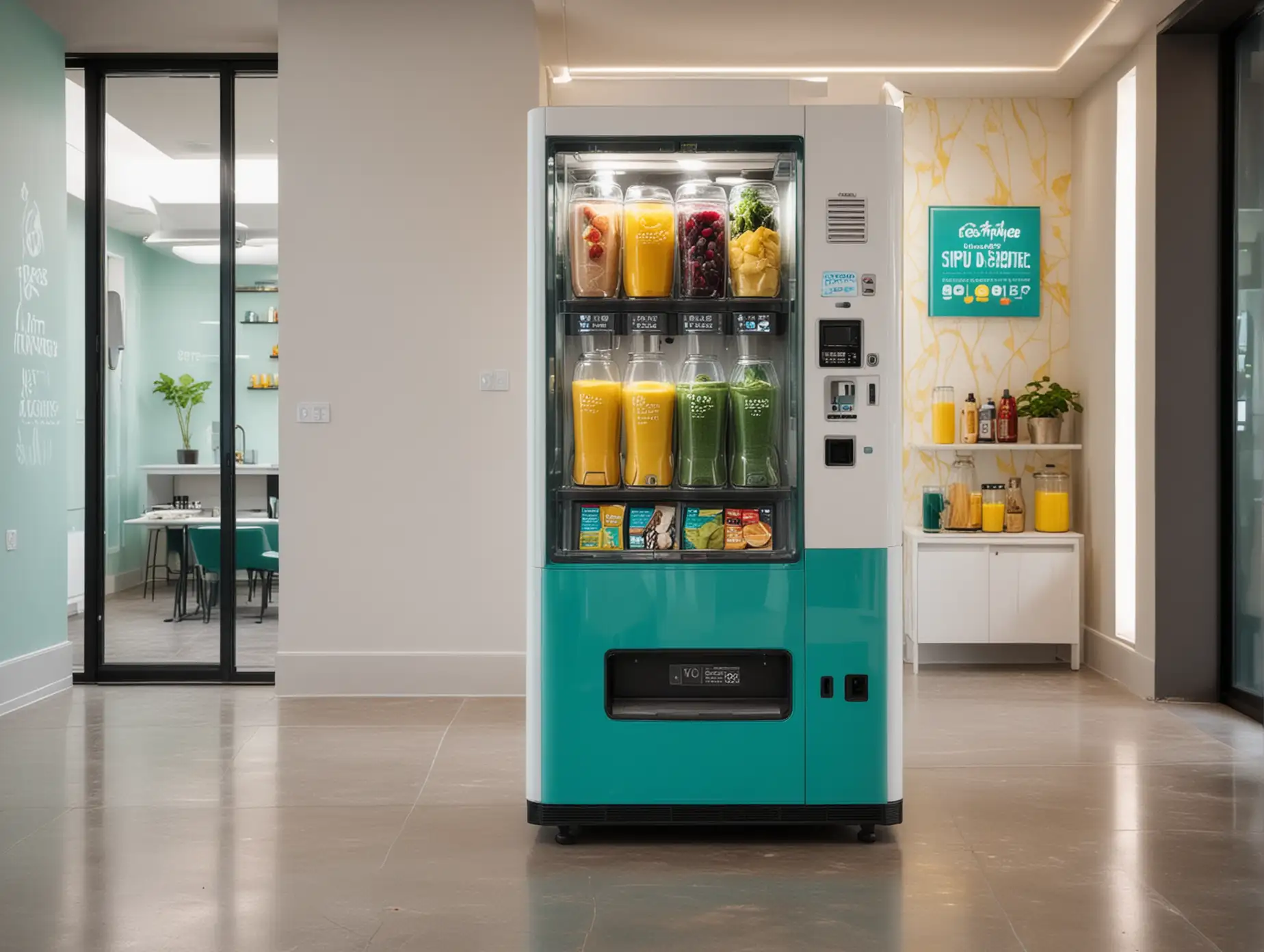 A smoothie making vending machine, white, teal and dark yellow, in a glass wall hallway at an eco-friendly futuristic condo lobby 