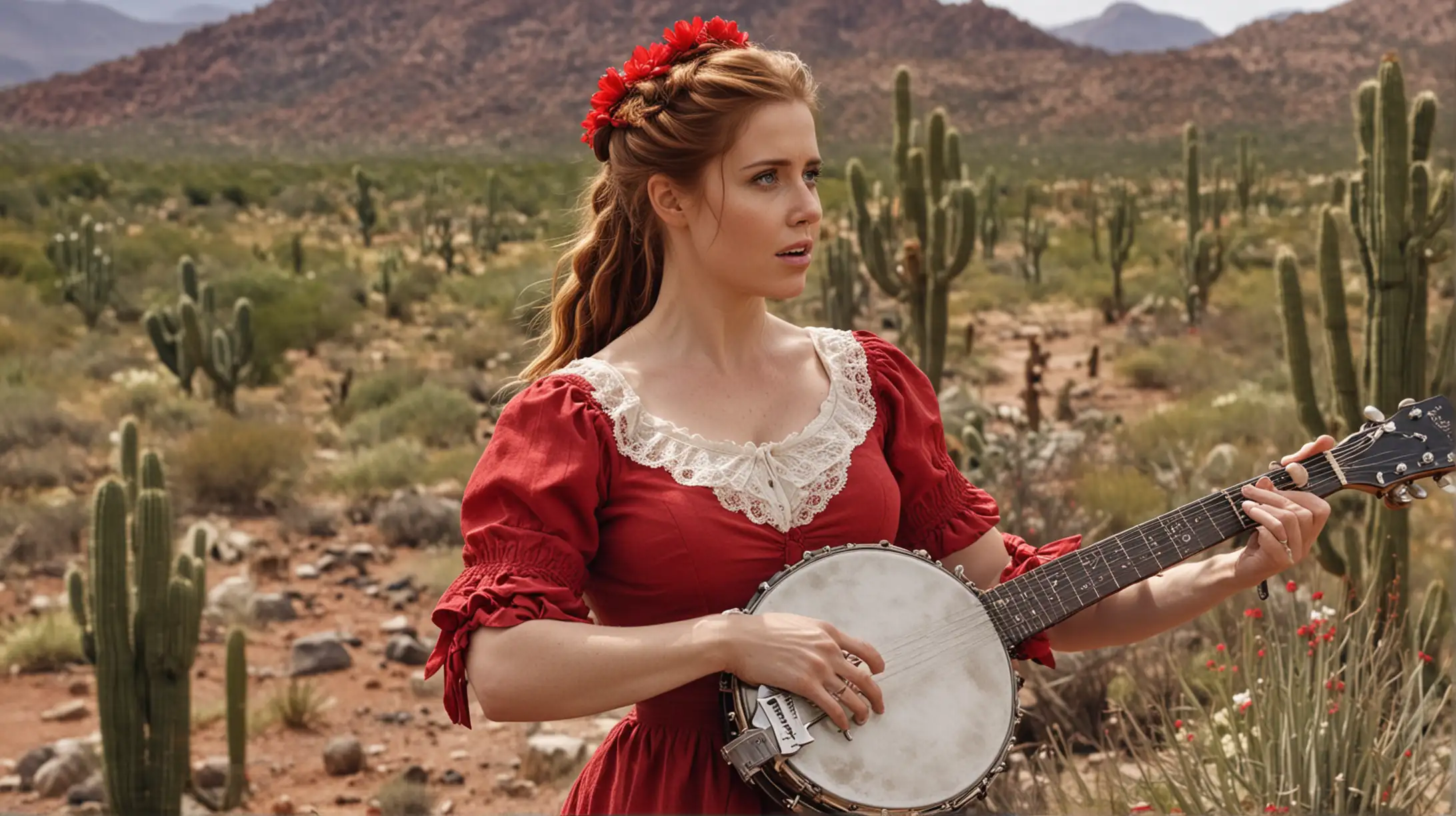 Amy Adams, 5 fingers only, playing banjo, freckles, perky figure, very big boobs, pigtails, sexy red clothers, outdoors, seductive pose, natural lighting, Wild West, prairie, huge blooming cacti