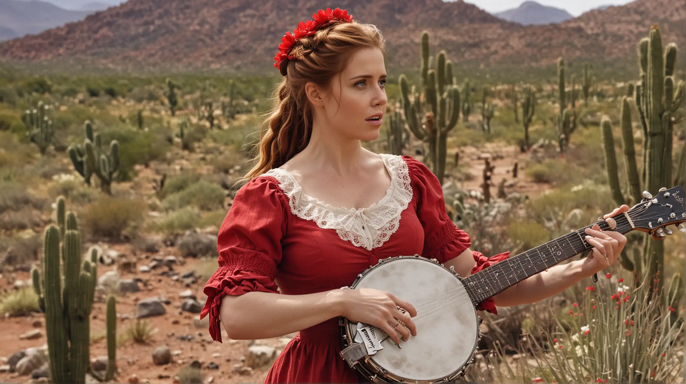 Seductive Banjo Player with Freckles in Wild West Prairie Scene