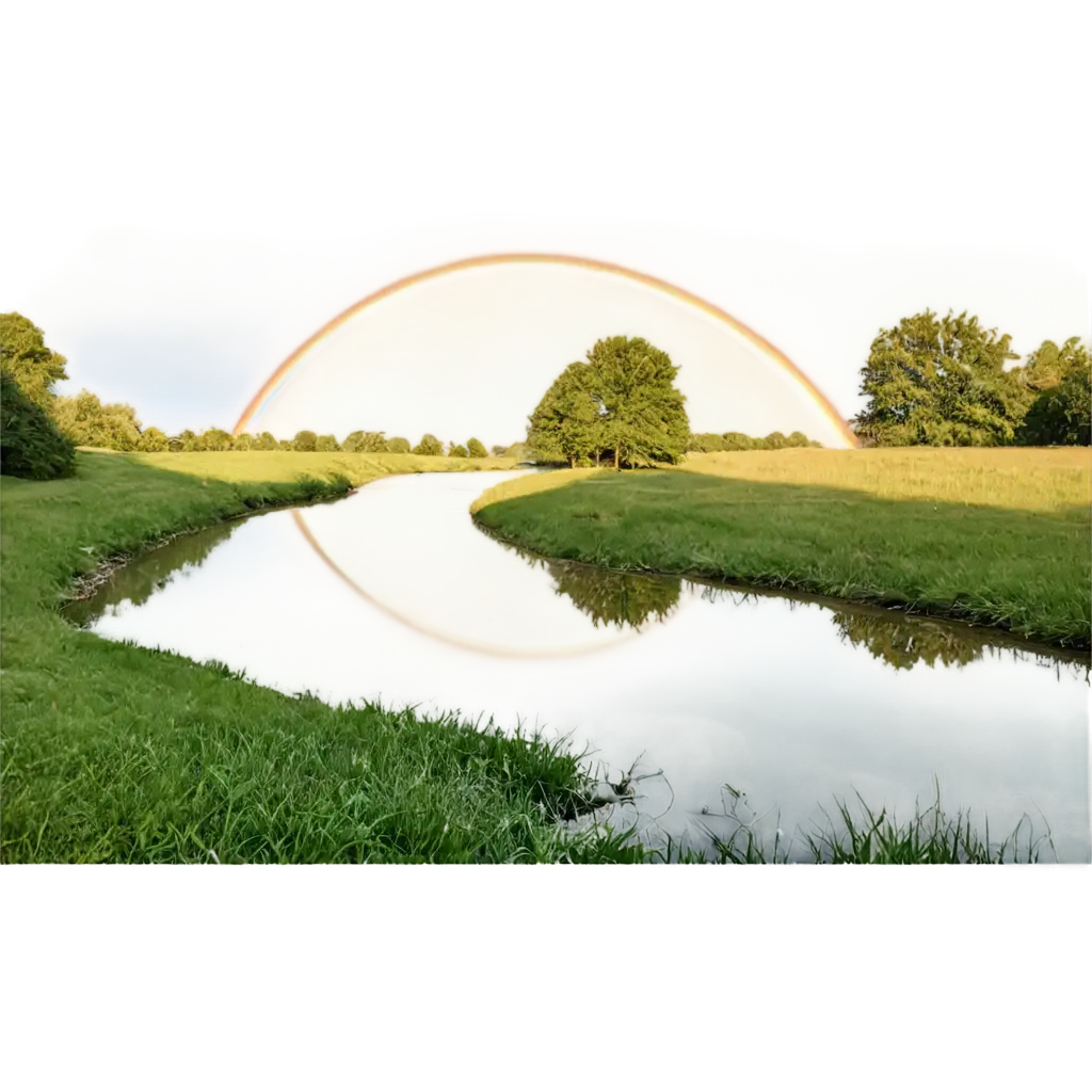 Vibrant-Rainbow-Over-a-Serene-Small-River-and-Lush-Lawn-Captivating-PNG-Image-for-Multifaceted-Visual-Content