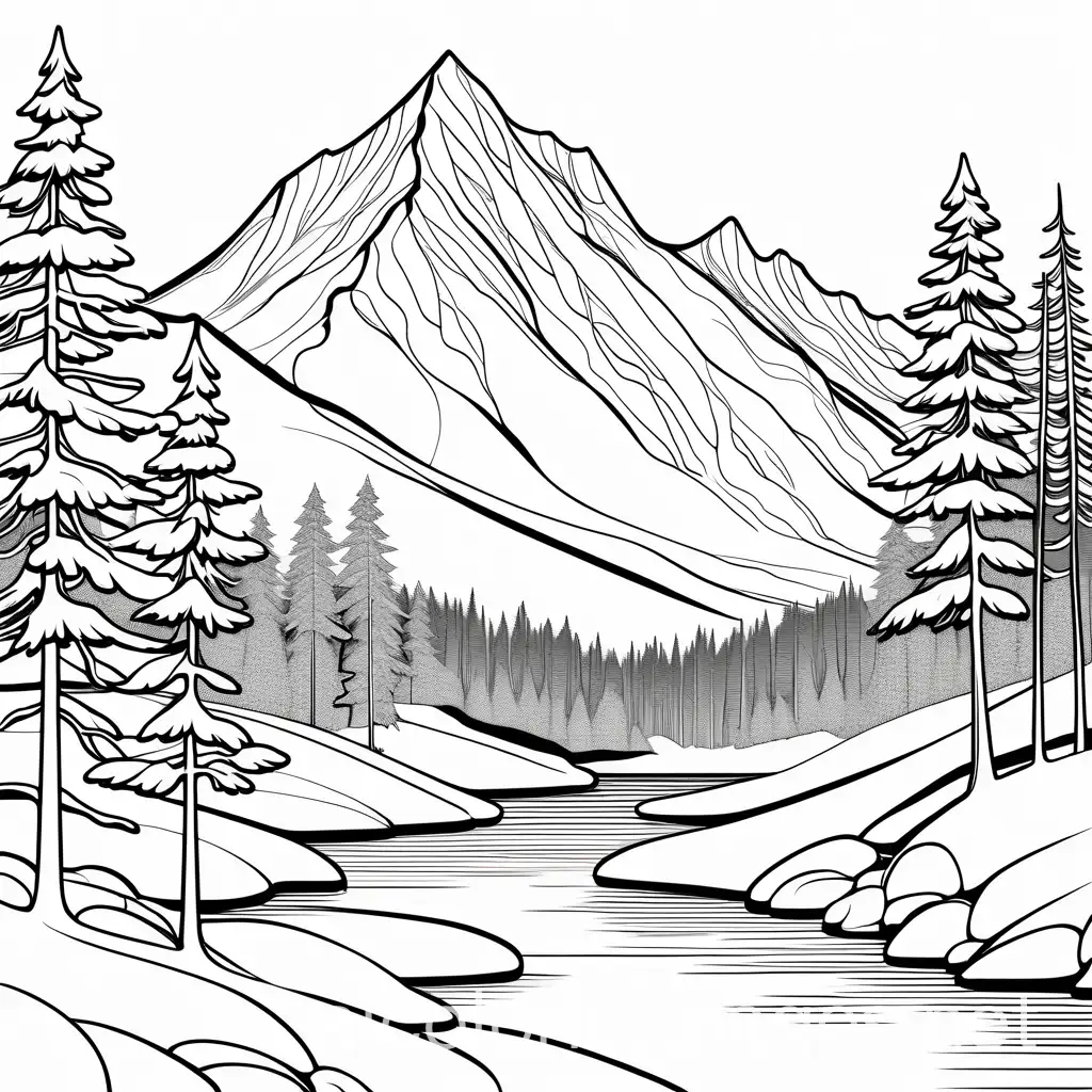 snowy mountain retreats, Coloring Page, black and white, line art, white background, Simplicity, Ample White Space. The background of the coloring page is plain white to make it easy for young children to color within the lines. The outlines of all the subjects are easy to distinguish, making it simple for kids to color without too much difficulty.