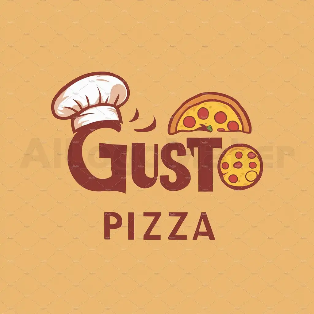 LOGO-Design-for-Gusto-Pizza-Cheerful-Italian-Cuisine-Emblem-with-Kitchen-Hat-and-Pizza-Element