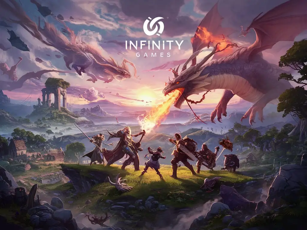 mmo rpg Fantasy like wallpaper that contains the title 'Infinity Games'