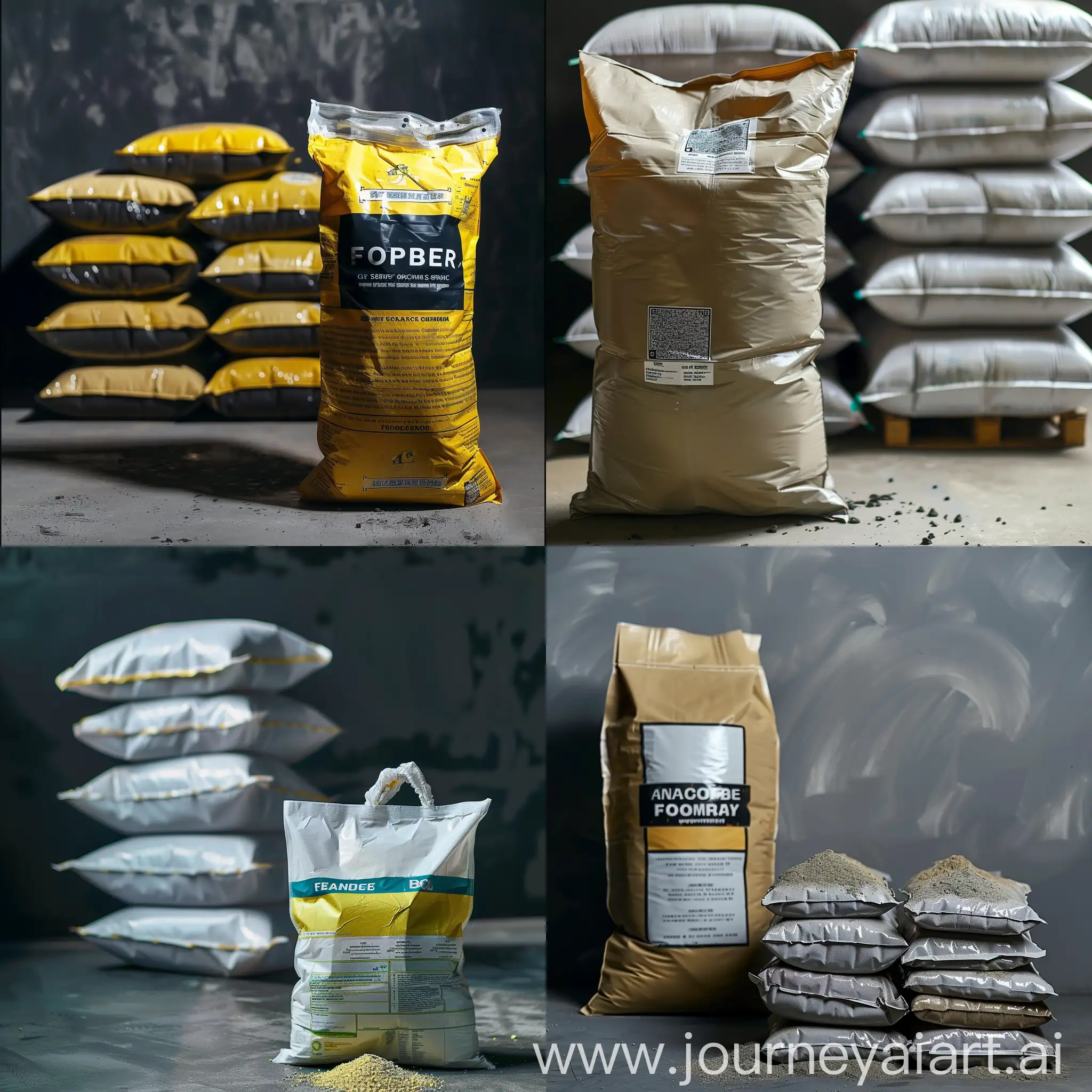 A bag of fertilizer in front of us against a stack of other similar bags stacked on top of each other, advertising poster without text