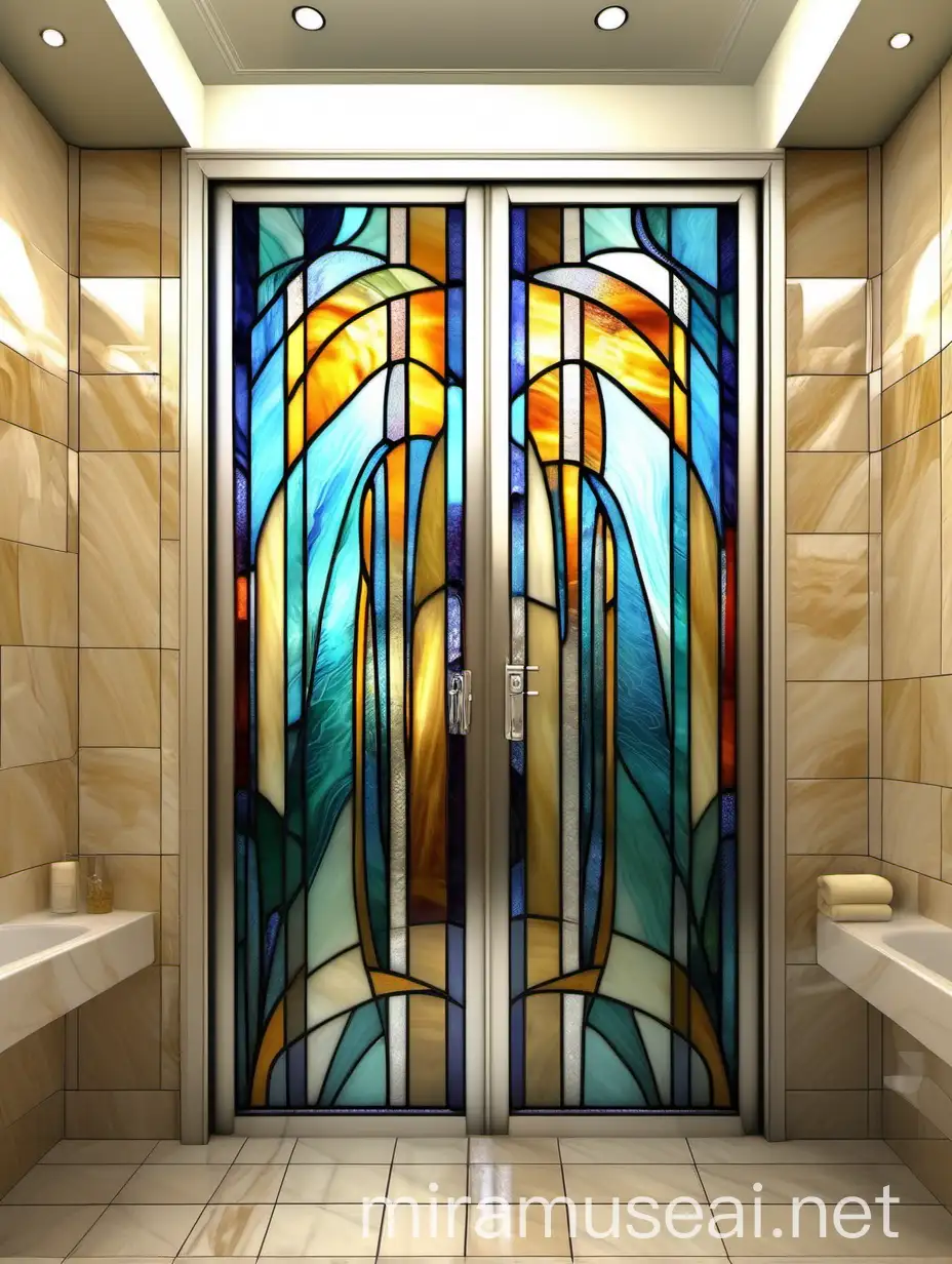Stained glass door in the bathroom "abstract lines and swirls" in the Art Deco style made of colored Tiffany glass