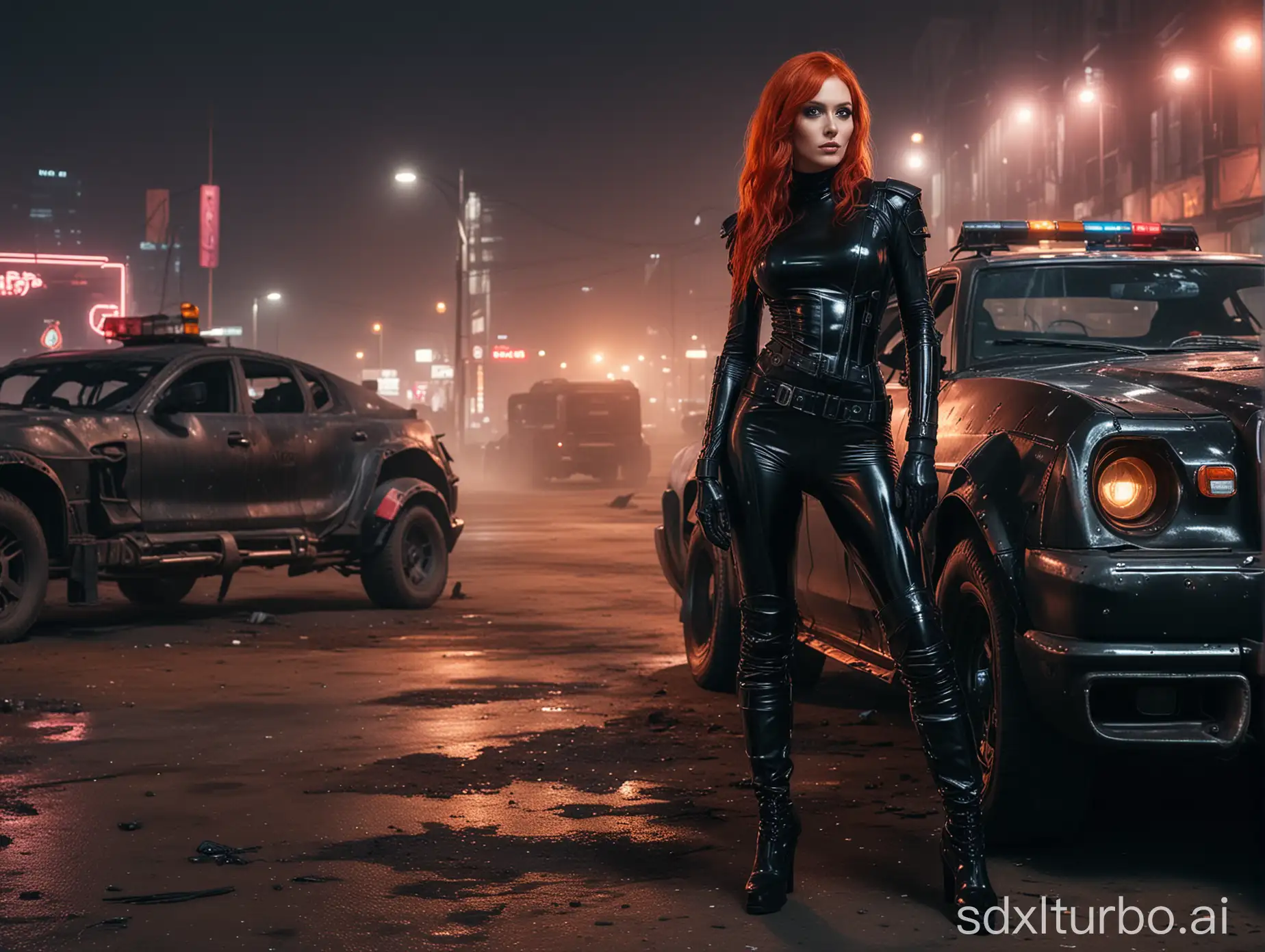 realistic photo cyberpunk woman with red hair standing , wearing black low-cut shinny pvc catsuit , wearing long shiny pvc gloves , wearing shinny pvc thigh high boots , in destroyed cyberpunk city at night , next to mad max police car , inlighted with neons