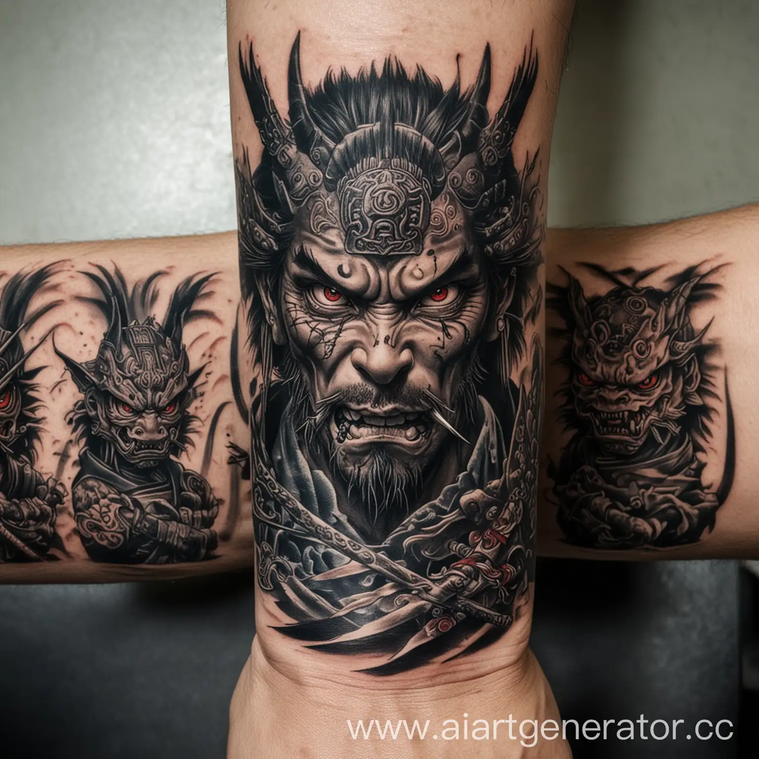 Many eyes, samurai, monster, tattoo on the wrist