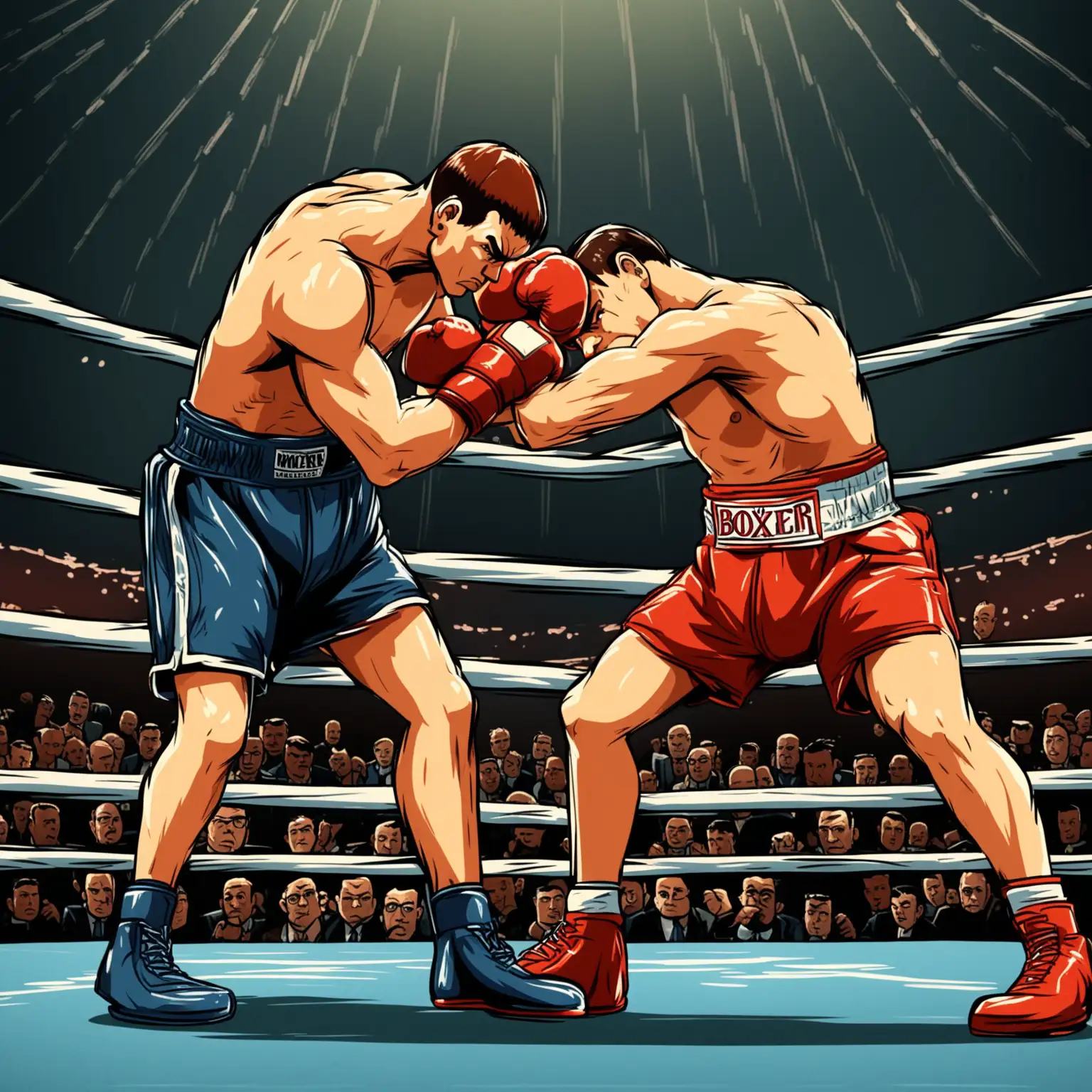 
dans un style dessin animé:
un boxeur au centre du ring qui s'accroche face a son adversaire