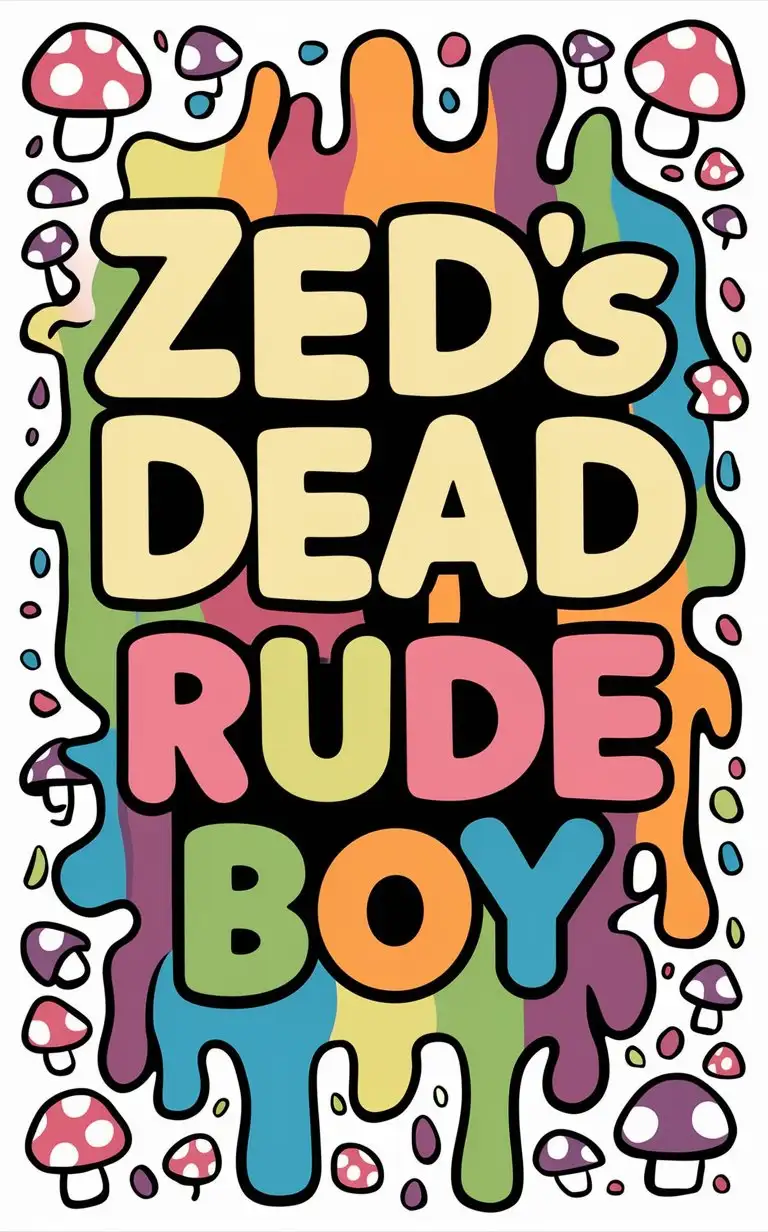 the words "Zeds Dead" & "Rude Boy" in a background in a cute font and colorful drippy slime with bright fun colors and mushrooms