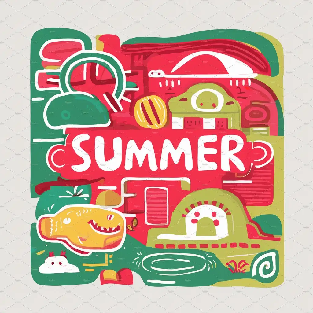 红绿 插画 矢量 抽象 手绘 可爱 暑假