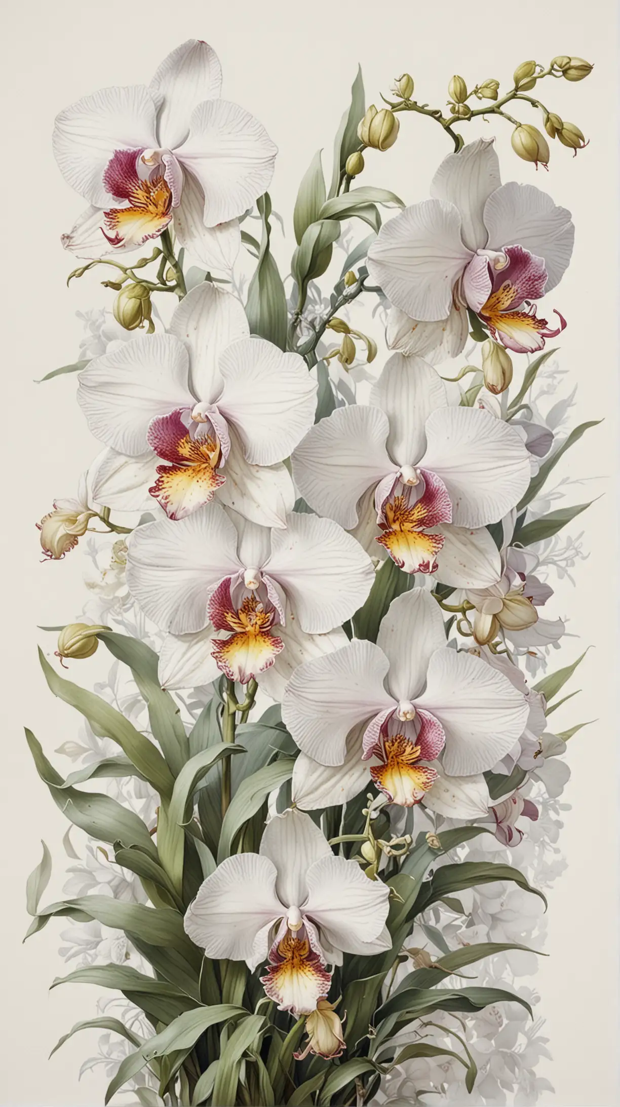 border design, watercolor painting of snow white lush orchids, around the edges  on a solid white background in the style of  Pierre-Joseph Redouté