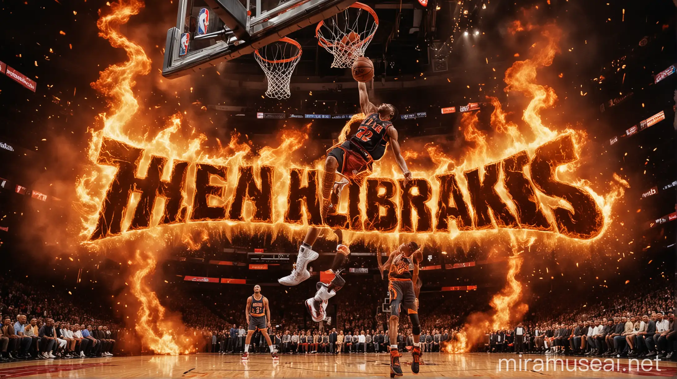 A screenshot from an NBA game with a dramatic comeback moment (e.g., a buzzer-beating shot, a player making a game-winning dunk, etc.). The image is overlaid with flames or fire effects, symbolizing the intensity and passion of the comeback. The title "THE MOST UNBELIEVABLE NBA COMEBACKS" is emblazoned across the top in bold, fiery font, with the flames wrapping around the text. The overall design is dark, with vibrant orange and yellow hues to represent the fire and excitement.