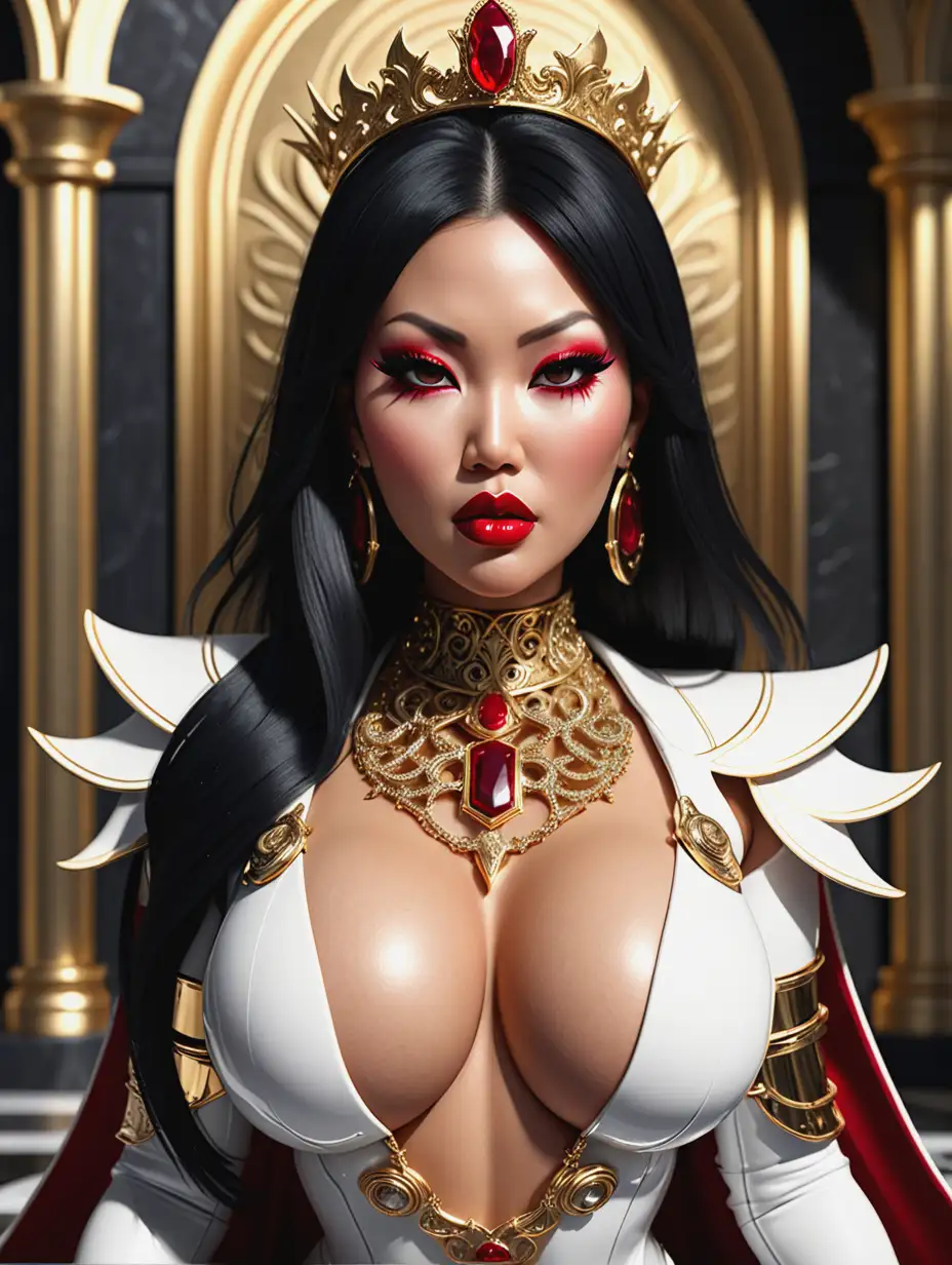 Full body shot. High res, best quality, max detail. Ray tracing, reflections, dynamic lighting.nMassive_Buxom curvaceous Asa_Akira lookalike. 40 years old.nExquisite intricate white emperor outfit, Hell_Knight_Ingrid_inspired design. Outfit is extremely detailed & has massive deep wide cutouts.nExquisite huge gold ruby necklace, chunky gold regal bracelets, earrings.nHuge_protruding_buxom.nFull_very_long_eyelashes. Long straight black hair. Red lipstick, bold thick eyeliner, sparkling dark eyeshadow.