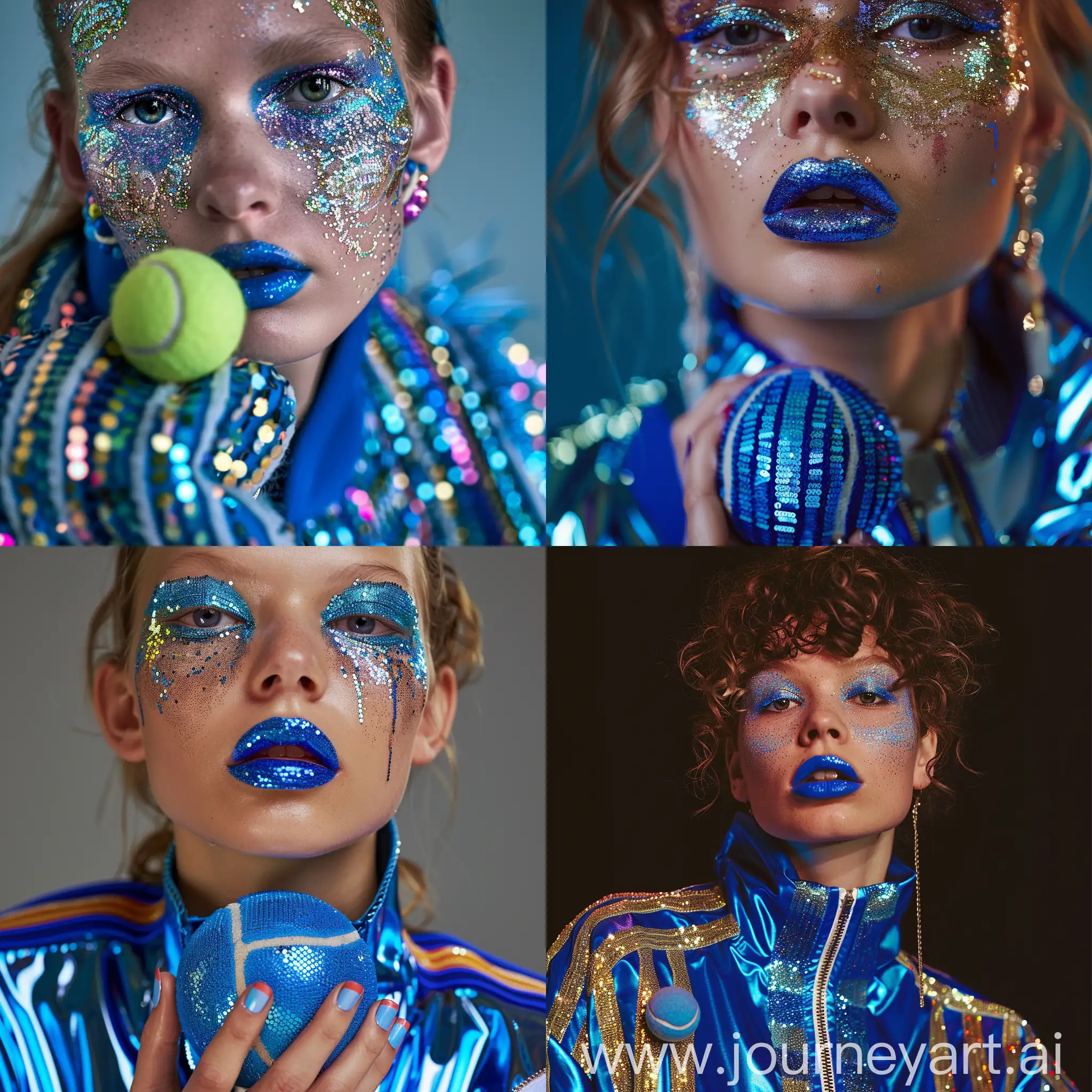 Professional photo for a fashion magazine
The model in the oversize blue satin Olympic jacket with embroidered stripes of sequins. In the hands of a tennis ball made of sequins. The sport is chic. Glitter makeup. Focus on the face. Blue lipstick with sequins. There are glitters and sequins on the face
—chaos 20 —ar 9:16 —stylize 500 —v 6.0