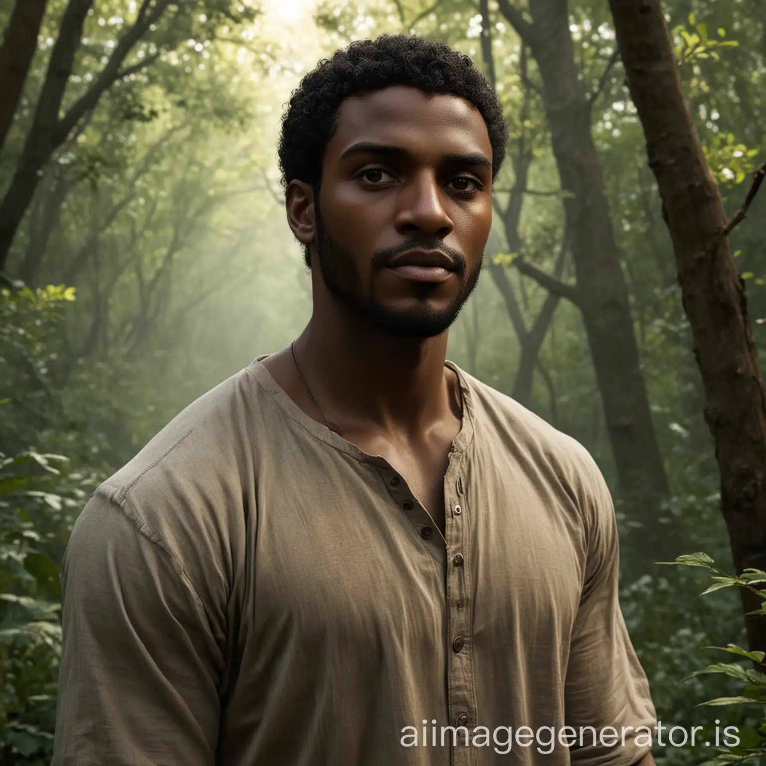 The main character is a black-skinned man named Malik, depicted as strong, resilient, and deeply connected to nature.