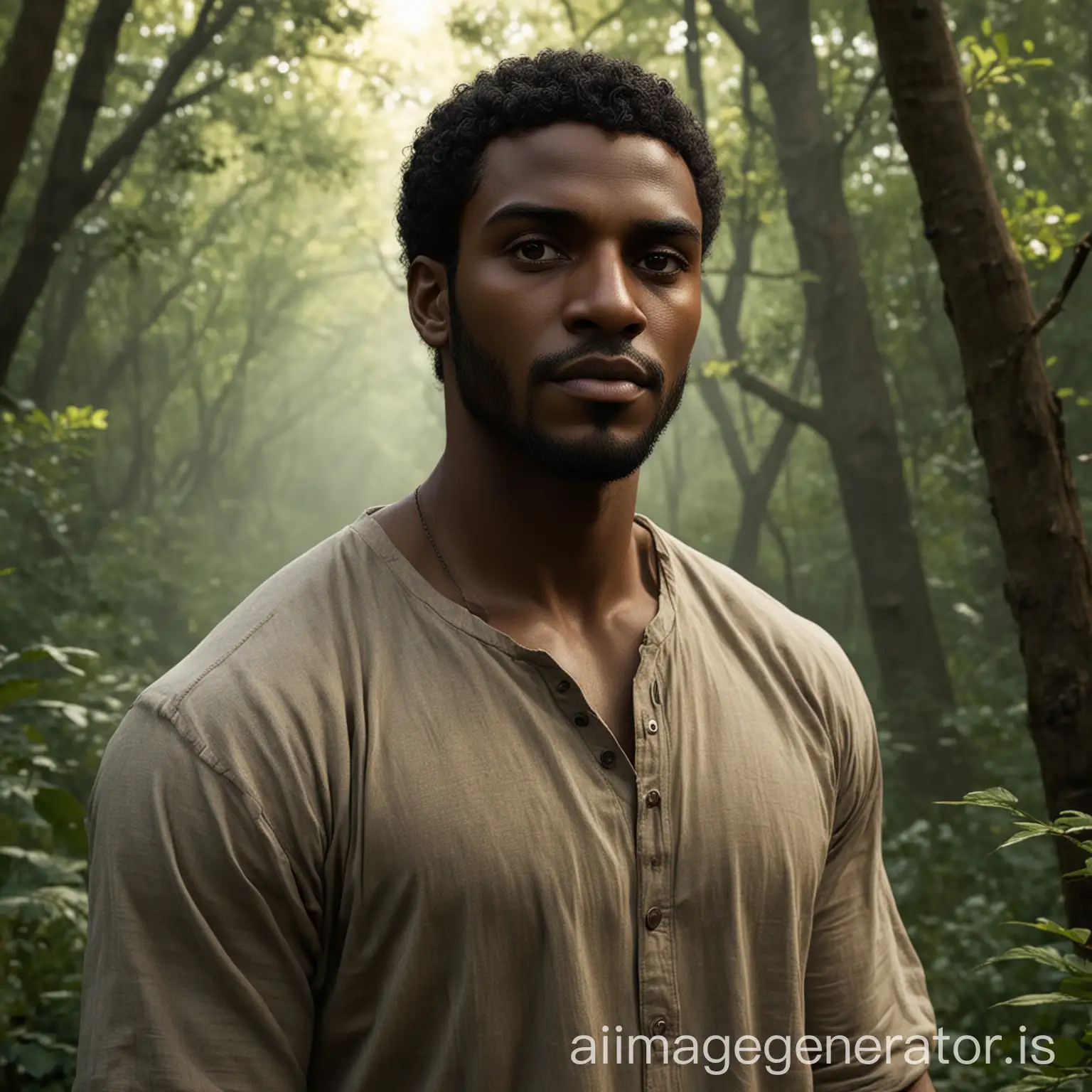 The main character is a black-skinned man named Malik, depicted as strong, resilient, and deeply connected to nature.
