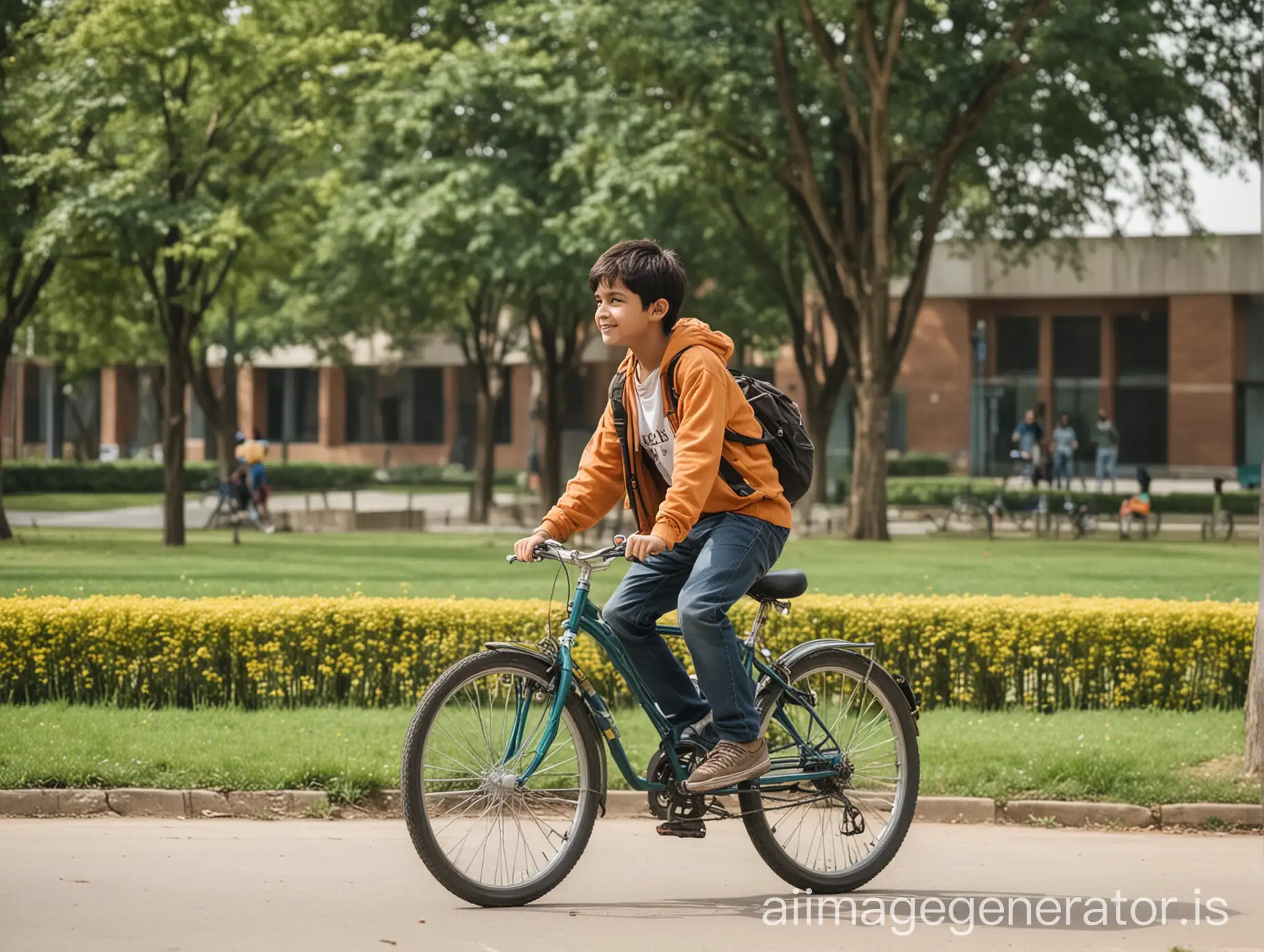 在校园里骑车的男孩
