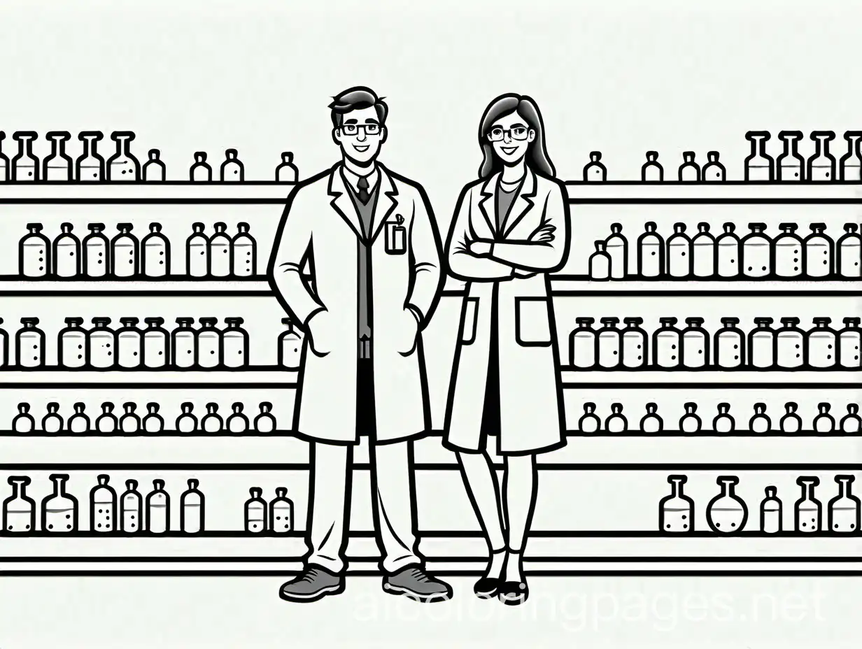 Draw a male and female chemist standing spaced apart





, Coloring Page, black and white, line art, white background, Simplicity, Ample White Space. The background of the coloring page is plain white to make it easy for young children to color within the lines. The outlines of all the subjects are easy to distinguish, making it simple for kids to color without too much difficulty