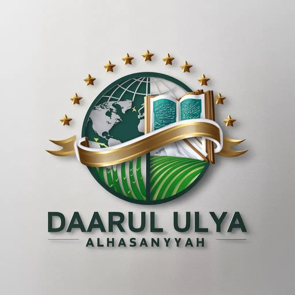 a logo design,with the text "Daarul Ulya Alhasaniyyah", main symbol:World, Qur'an, paddy, stars, tape,Moderate,be used in Religious industry,clear background