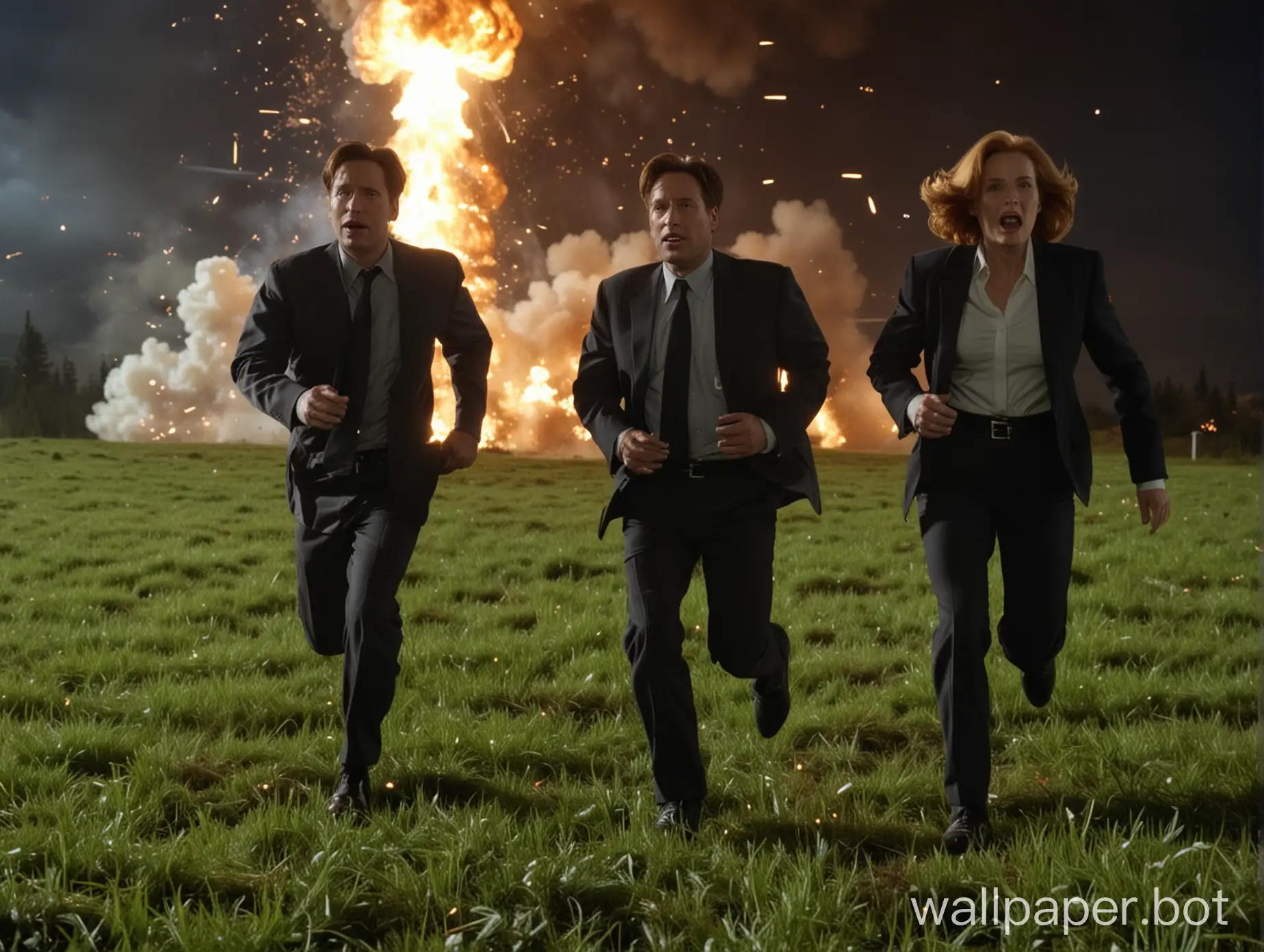 Mulder and Scully from the X-Files are running away from a spaceship on a grassy field at night with explosions in the background