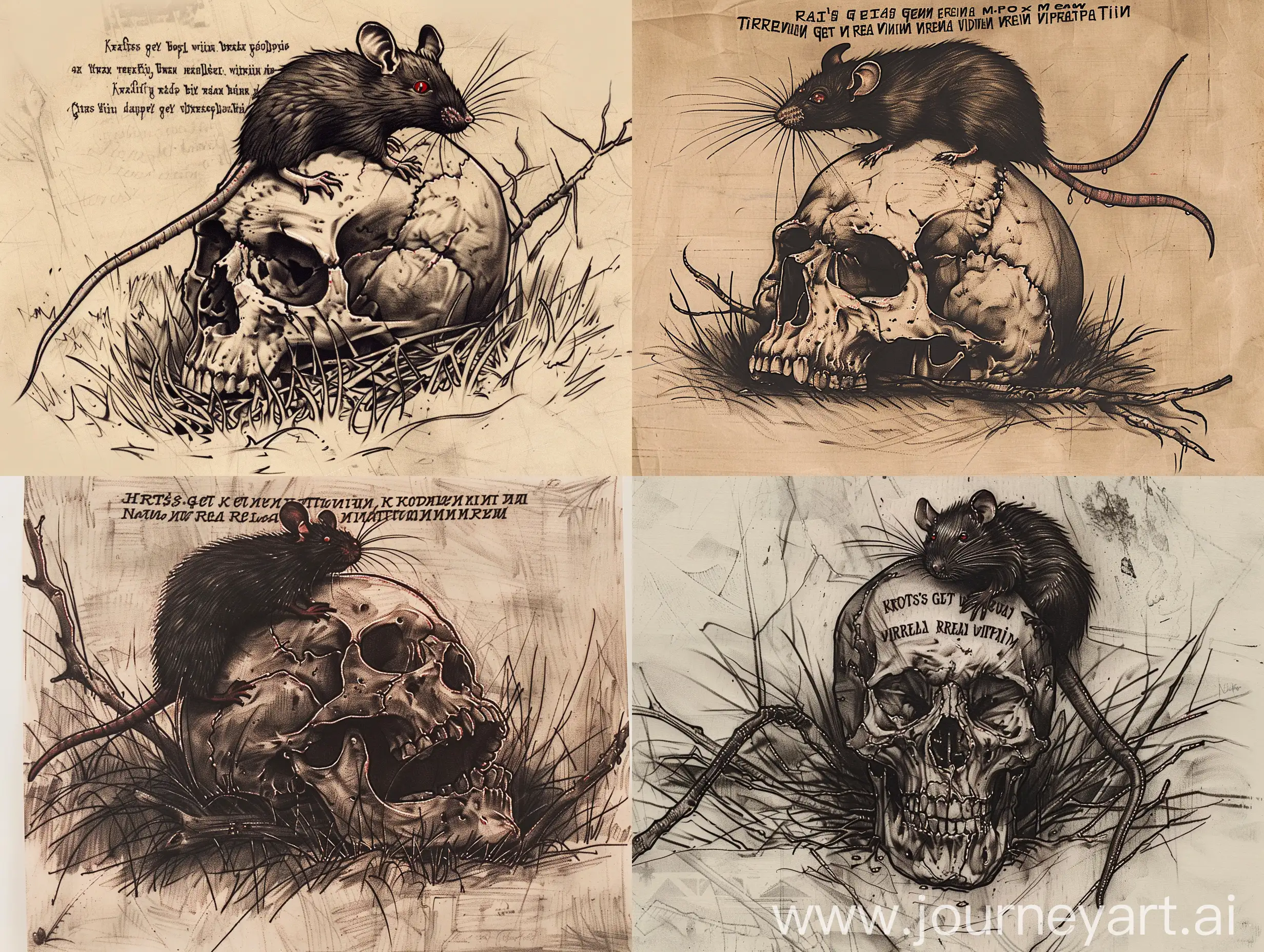 Eerie-Skull-Tattoo-Sketch-with-Rat-and-Foreboding-Inscription