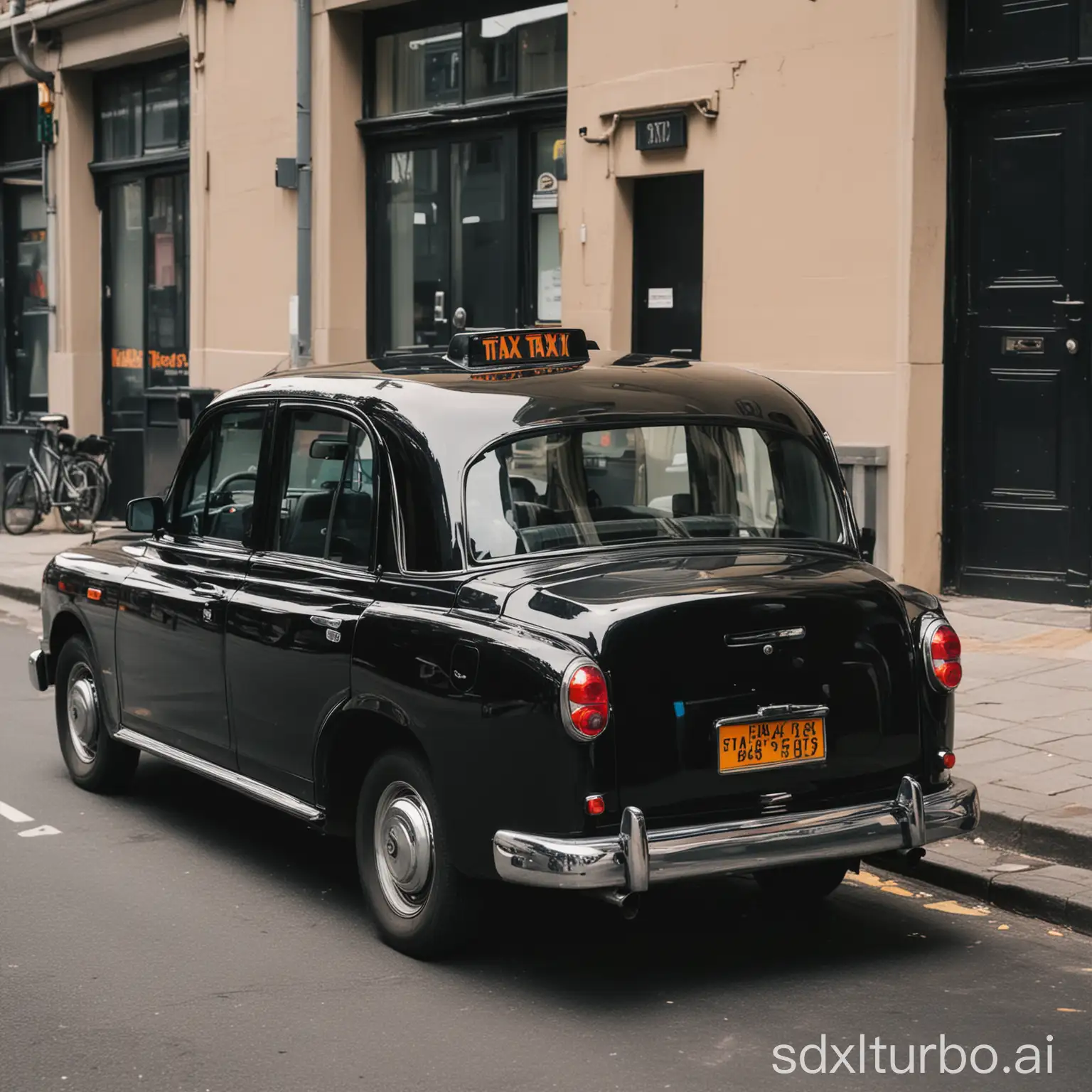 A black taxi cab parked on the side of the road. The taxi is clean and well-maintained, with a shiny black paint job and polished chrome trim. The interior of the taxi is visible through the open door. The back seat is spacious and comfortable, with plenty of room for passengers.