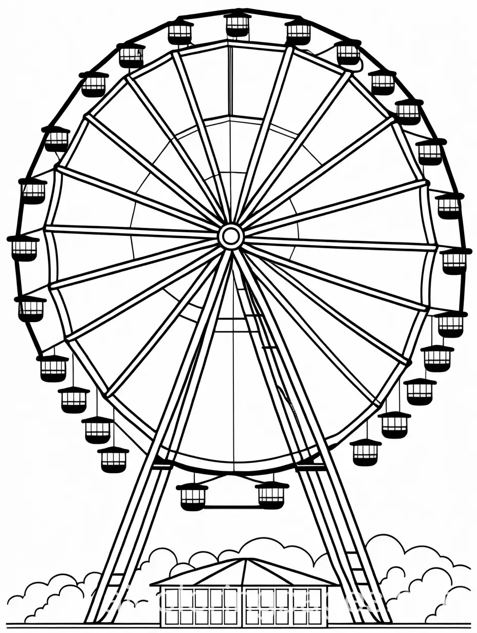 a ferris wheel, Coloring Page, black and white, line art, white background, Simplicity, Ample White Space. The background of the coloring page is plain white to make it easy for young children to color within the lines. The outlines of all the subjects are easy to distinguish, making it simple for kids to color without too much difficulty