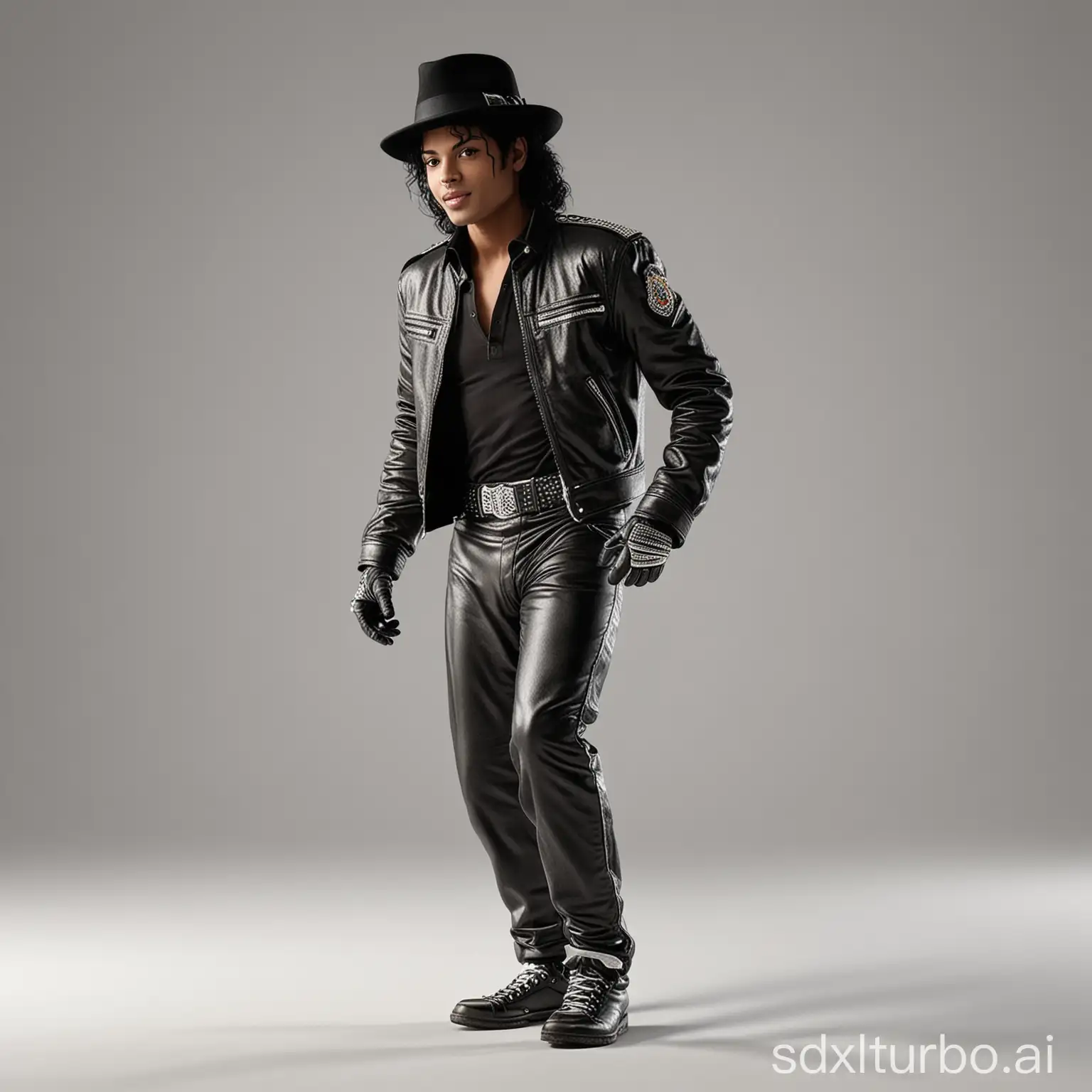 On a plain background is a Michael Jackson is doing a moonwalk. This is a full body photo realistic high resolution image with sharp clean subject focus