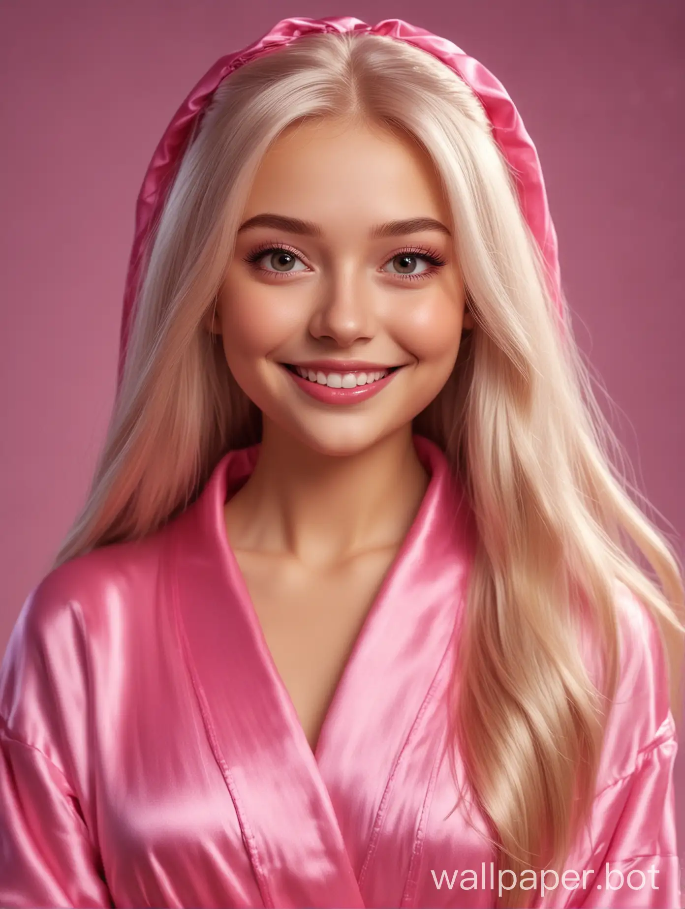Реалистичная милашка русская сестрица Аленушка в стиле Дисней улыбается с длинными прямыми шелковистыми волосами в шелковом халате цвета розовая фуксия