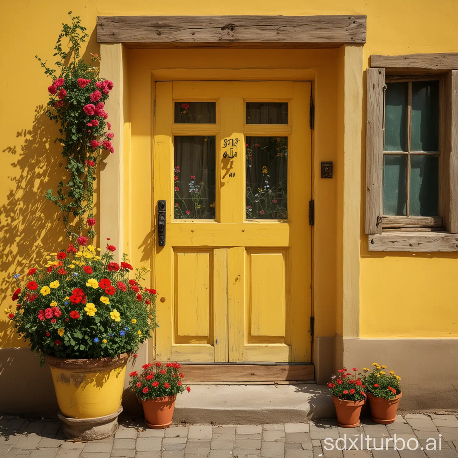 it's a bit of a broad perspective. have a yellow background. a wooden door that opens to both sides. make the top of the door round. Have big tall flowers in colorful pots in front. let it be a more nostalgic image. i want this image for children, can you minimize it even more?