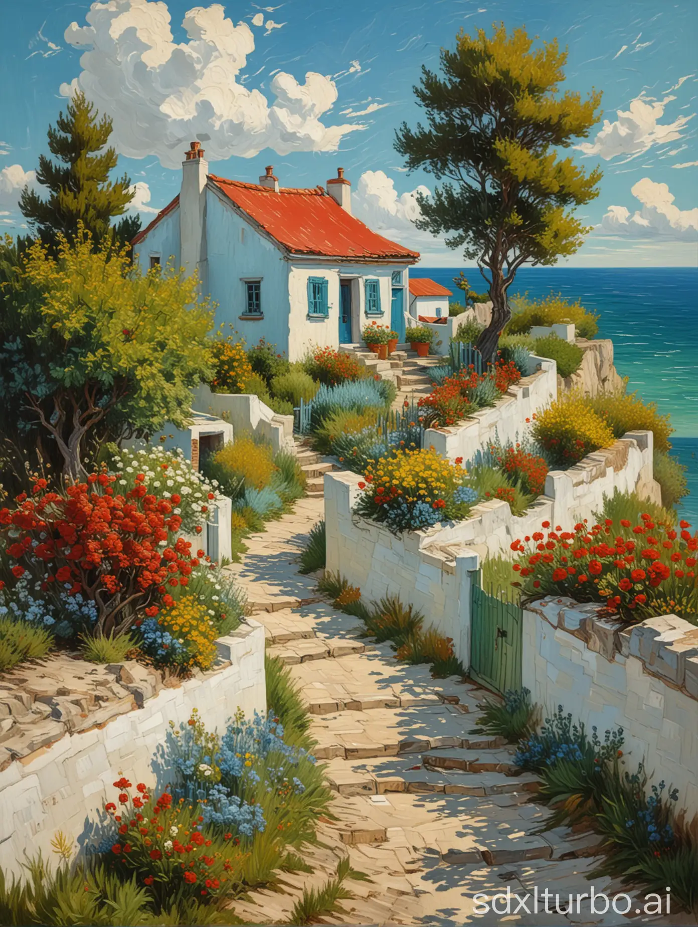 a post impressionist oil painting, van gogh, a painting of a house on a cliff by the seaside, with a red roof and white walls, several trees next to the house, a path leading to the door full of flowers, a white cloud oil painting on the blue sky,