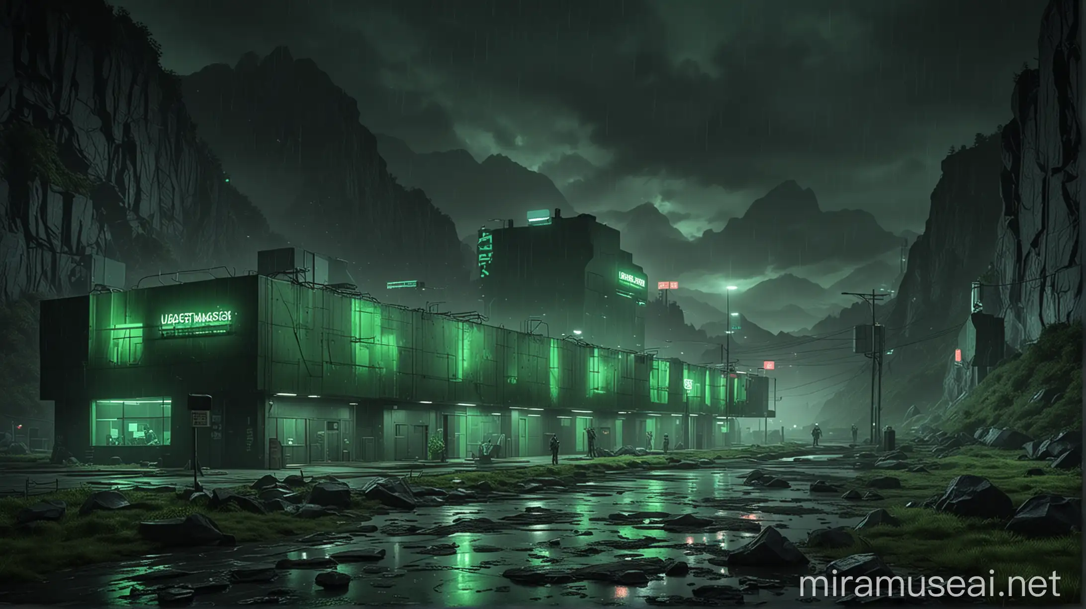 Realistic Tall and MultiStorey Research Center in Rainy Weather with Green Neon Lights