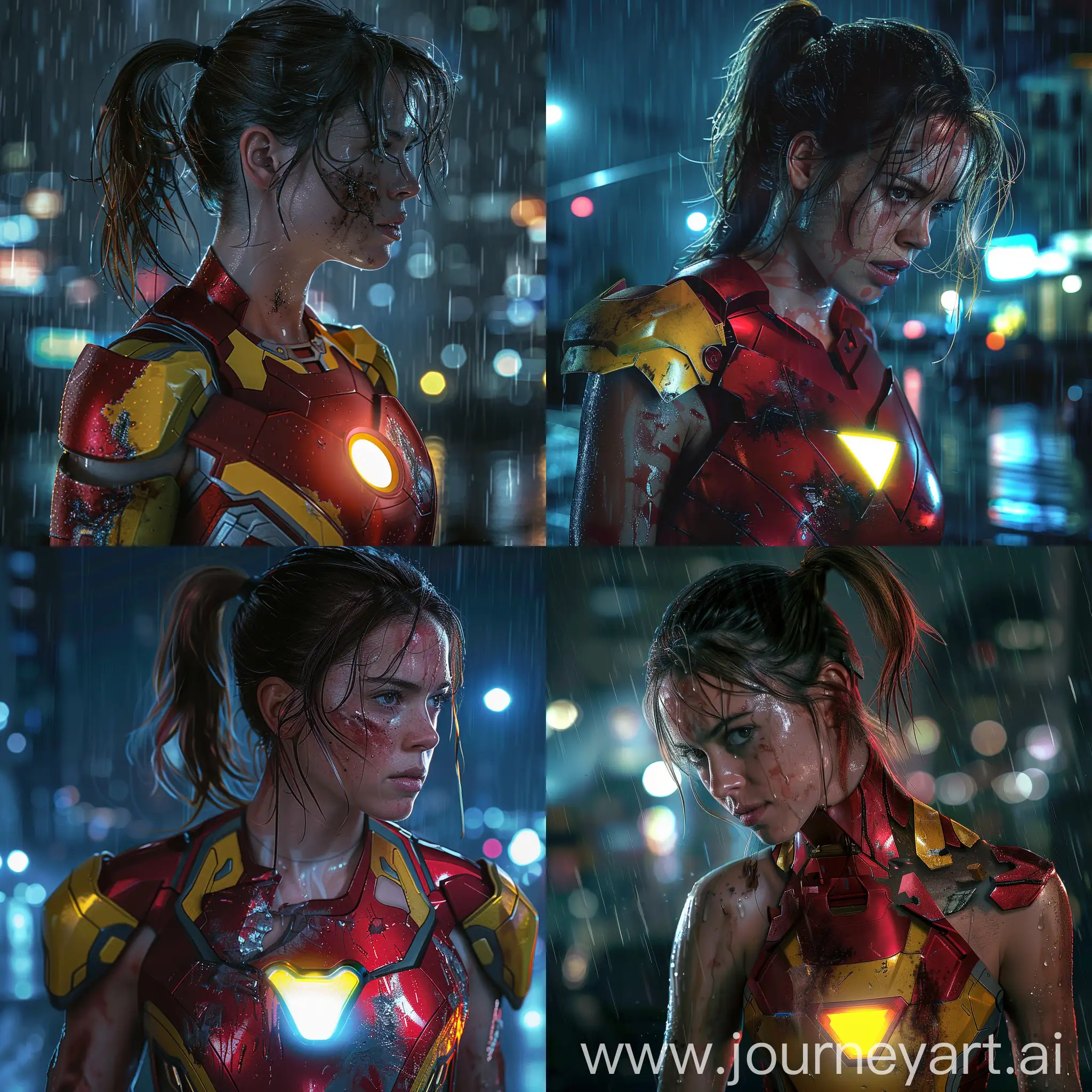 hyper realistic image of Daisy Ridley, ponytail hair, body with the IDENTICAL red and yellow Iron Man armor with the chest light on, well damaged, at night, in the rainy city, her face is dirty and sweaty, with a prominent chin and well-defined jawline, ironic smile, looking sideways, wet hair, 8k resolution