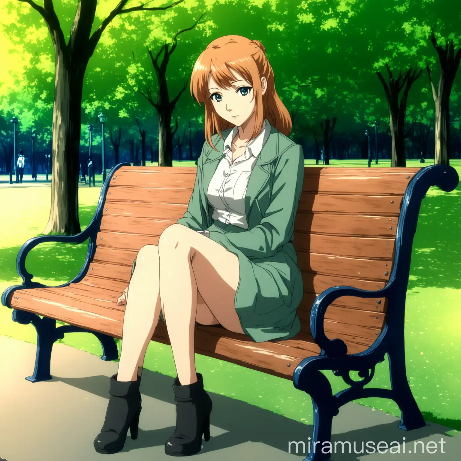 Attractive 30YearOld Woman Relaxing on Park Bench in Anime Style
