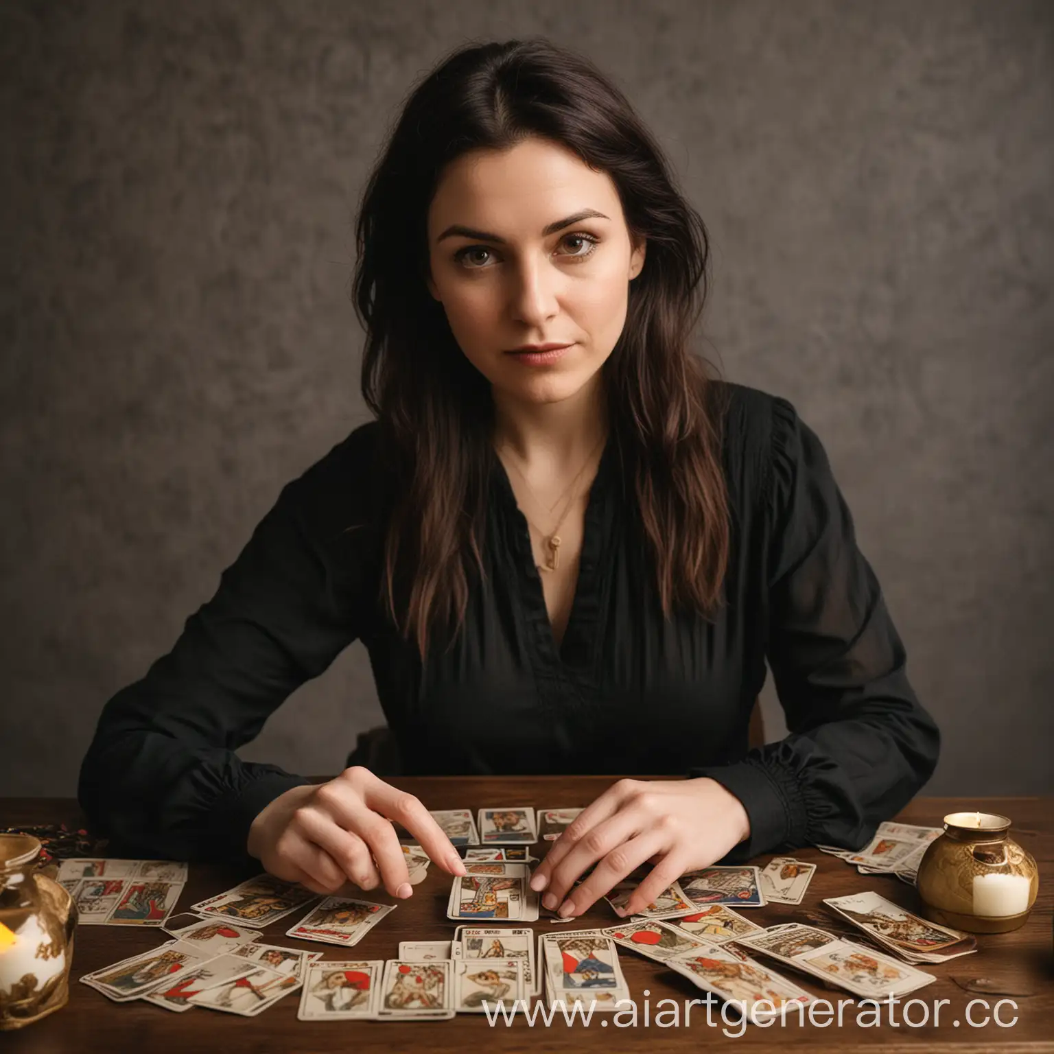Young-Woman-Practicing-Tarot-Card-Reading-Mystical-Fortune-Telling-Session