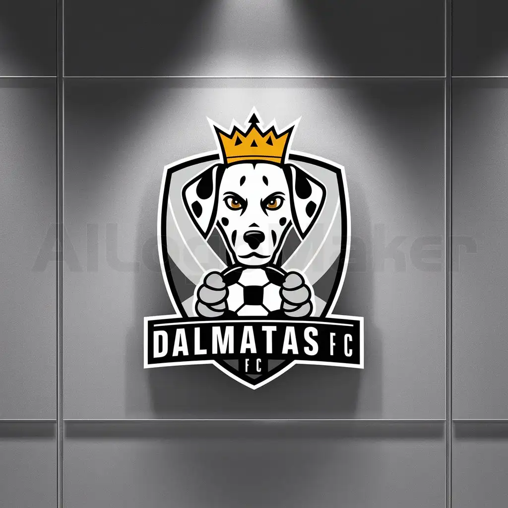 a logo design,with the text "Dalmatas F.C", main symbol:dalmata con una corona y un balon,Moderate,clear background