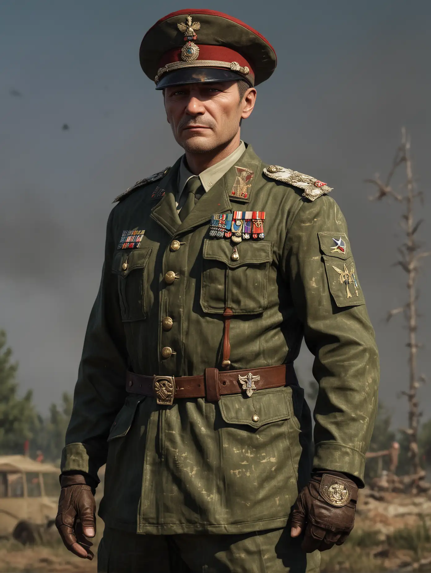 Генерал, генерал России, внешность русского мужчины, в стиле игры "Arma 3", на фоне войны, в полный рост, на голове фуражка, парадная одежда
