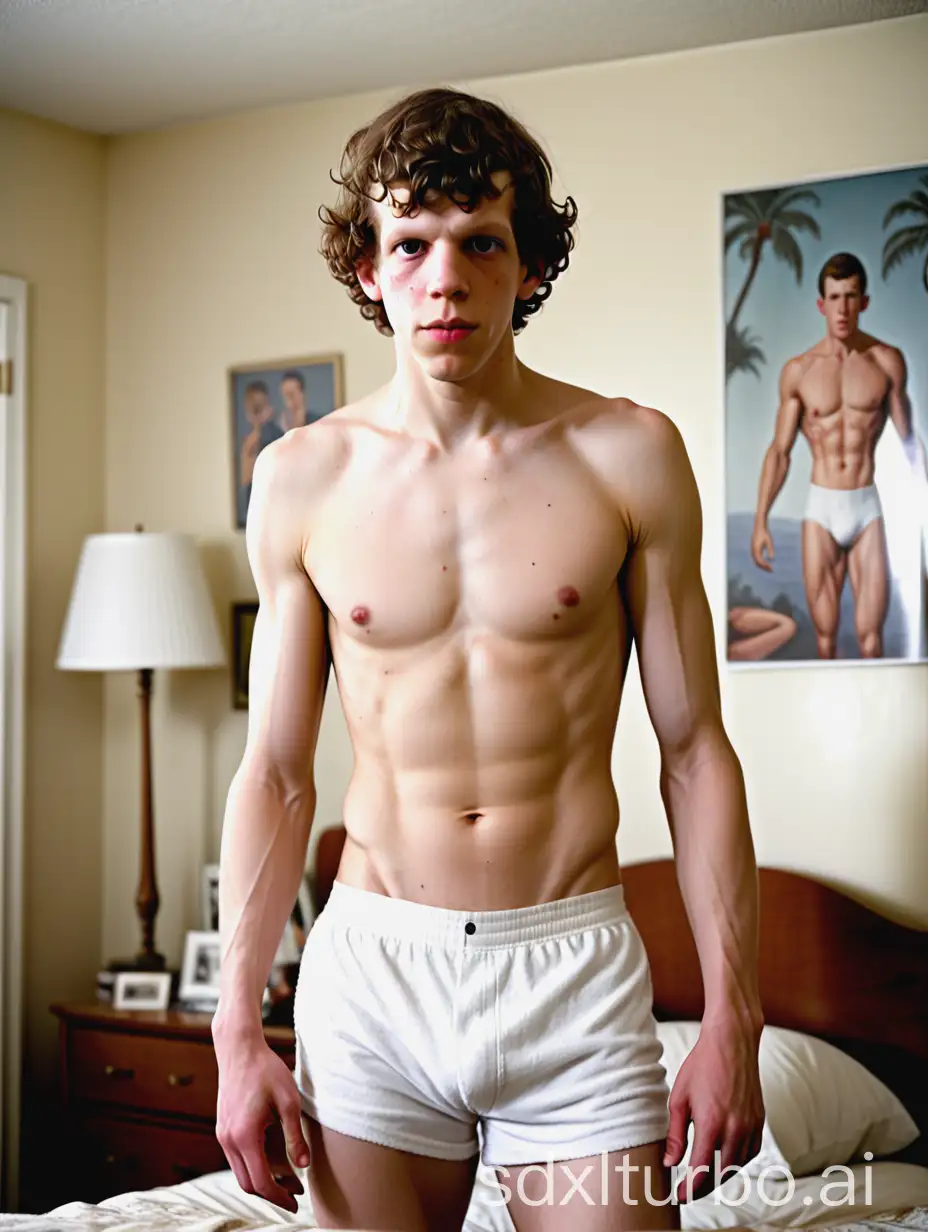 Jesse Eisenberg with ripped eight pack abs, shirtless in white boxers in 1950s suburban LA bedroom, face and body photo, 16k, medium shot, very high quality, very high resolution, fitness, macho, virile, masculine, sexy, youthful, 