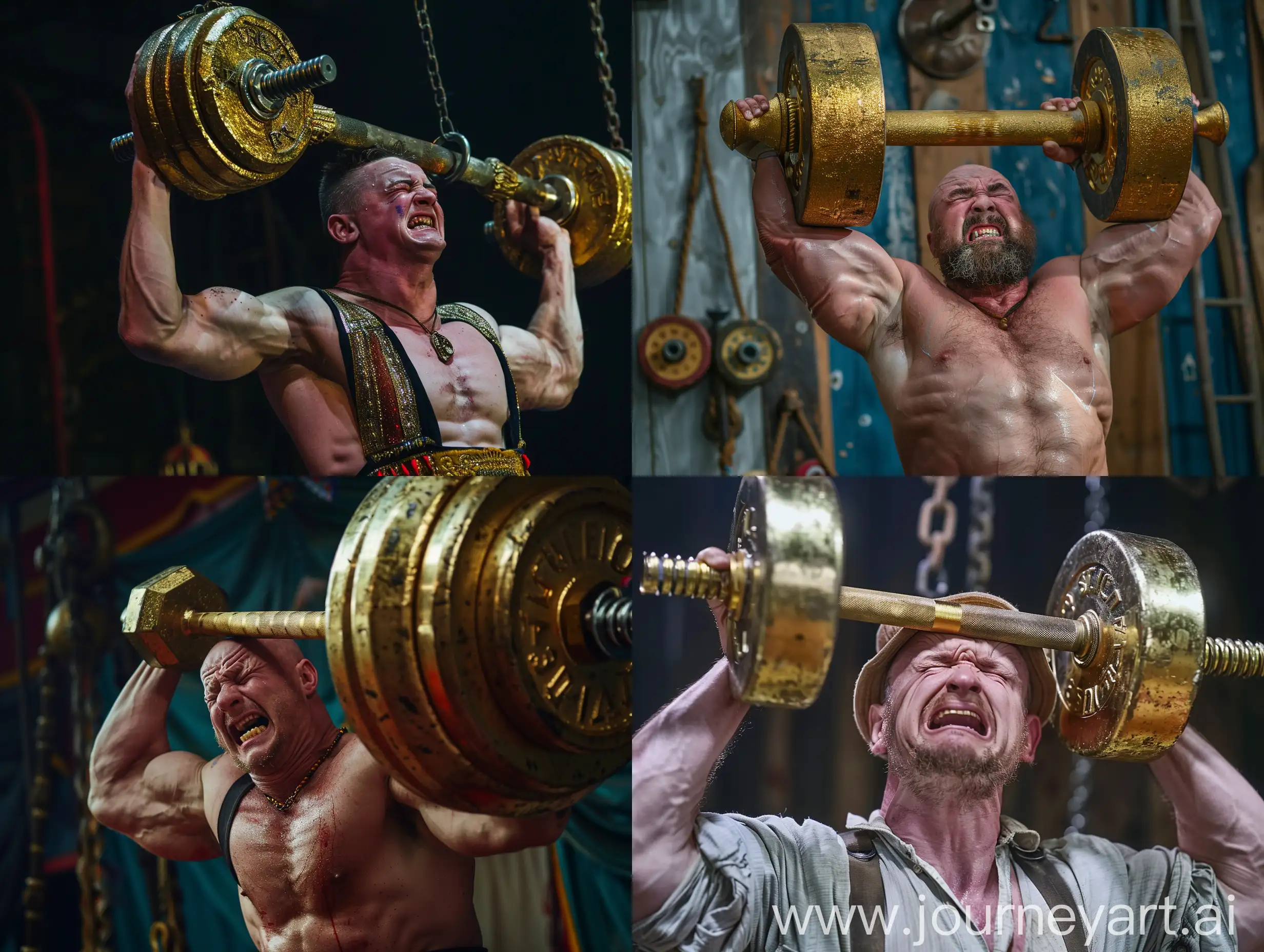 a circus strongman is crying in Russia, and lifting a big golden dumbbell, very hefty, shot on Canon, detailed
