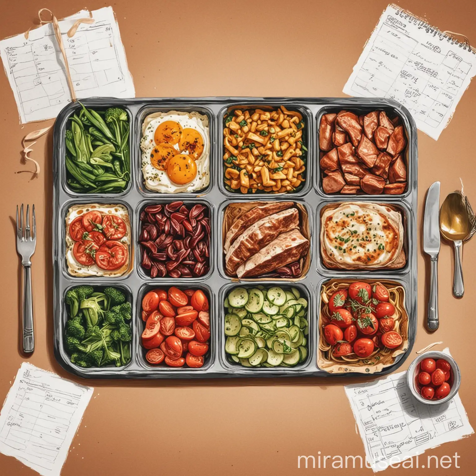Colorful Meal Planning Illustration with Fresh Ingredients and Cooking Utensils