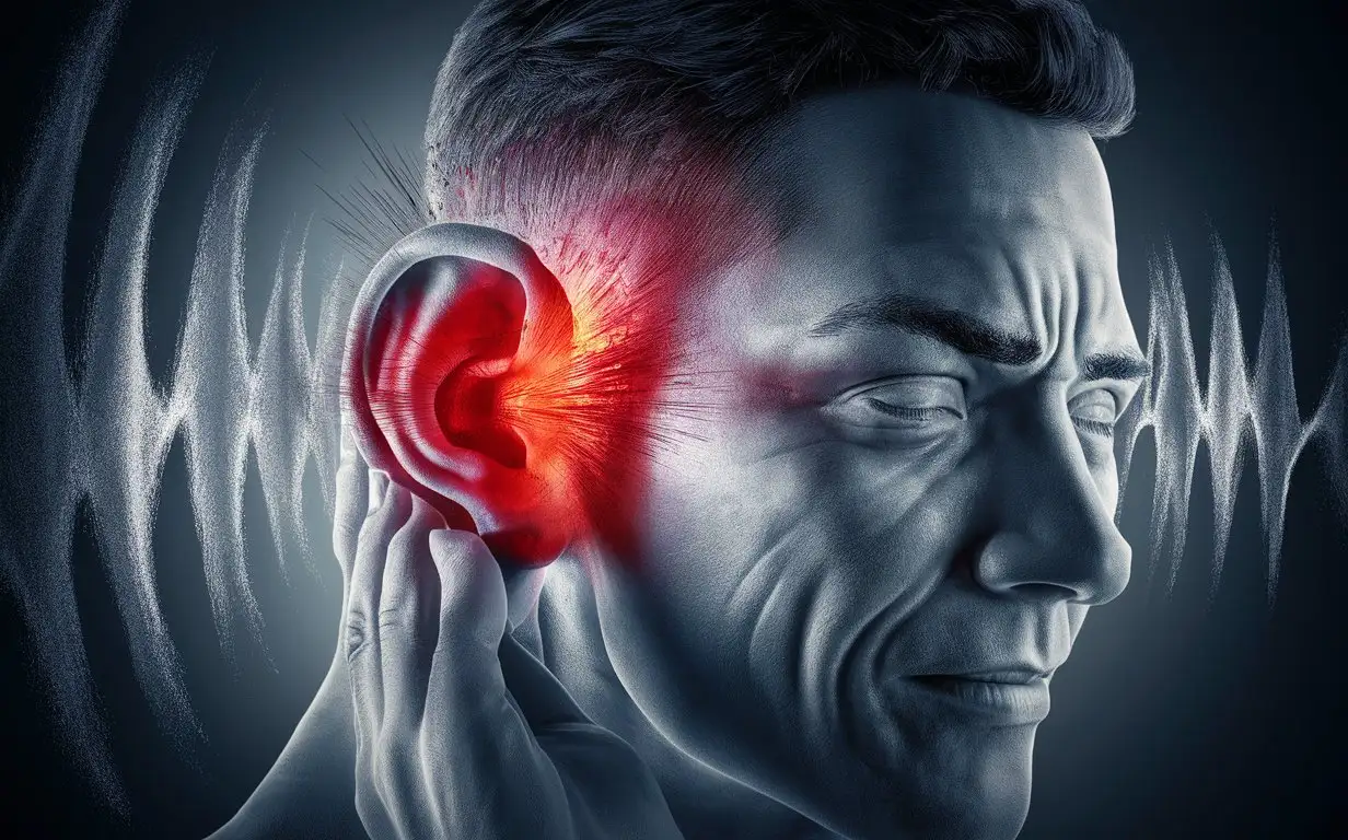 The effects of a distressing sound, shown inside the ear, person in aural distress