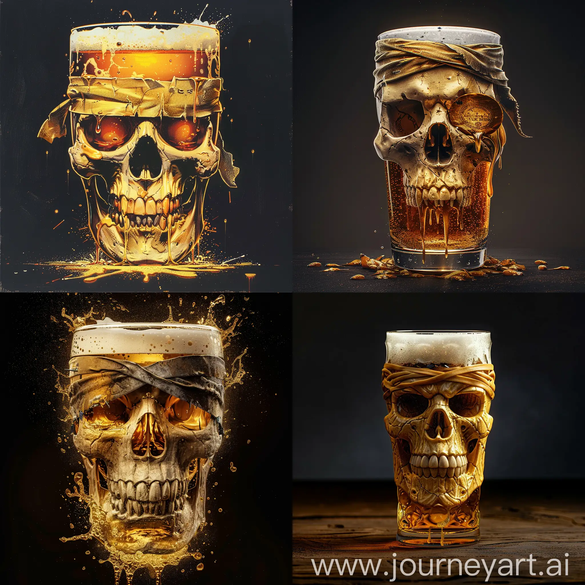glass of beer in the form of an evil skull with a blindfold, art