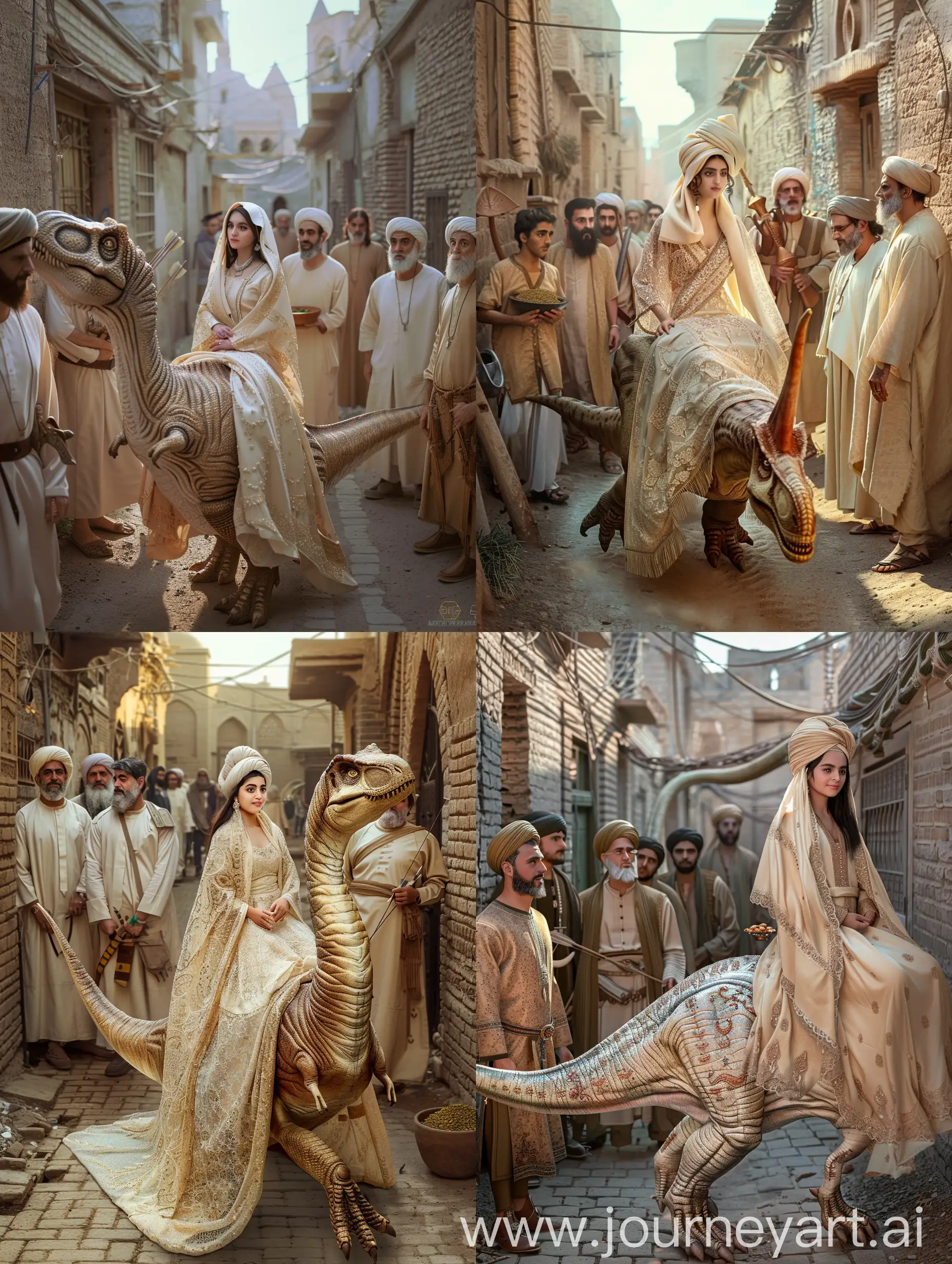 A beautiful young Persian woman in a traditional cream dress and a cream shawl on her head is riding a dinosaur going to the castle in the Bam citadel in the Persian Empire, she is riding the dinosaur in an alley, and in that alley is a middle-aged man with a white beard and a traditional Persian dress of ancient Iran and a hat in the shape of a lion's head among seven 30-year-old men (a man with a beard and ancient blacksmith's clothes, a man with a beard and a bow and archer's clothes, a man with a beard and clothes Traditional Persian, a man with a beard and traditional Persian clothes and a sword in a scabbard around his waist and a man with three strings on his back and a man in traditional Persian clothes and a bowl of pistachio powder in it, holding it in his hand and with a man in traditional dress and holding a rosary) they look seriously at the young girl riding the dinosaur and send her away, and the young girl riding the dinosaur sits on the dinosaur while saying goodbye to the men. Make me a real HD photo with fine details and sunny lighting, great quality Make me a real photo with fine details and midday light