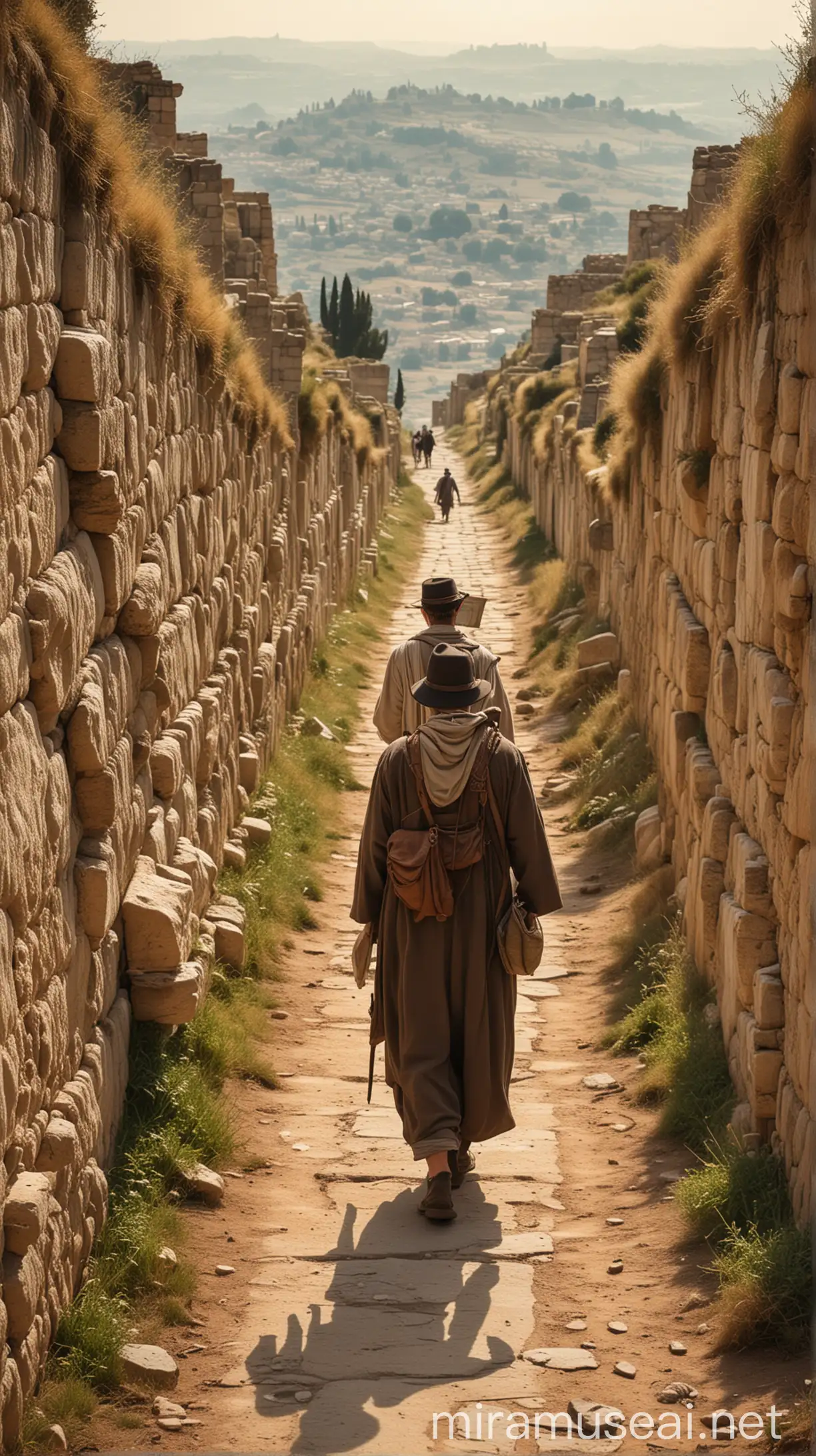 A Jewish travelers walking on a tight road in ancient world