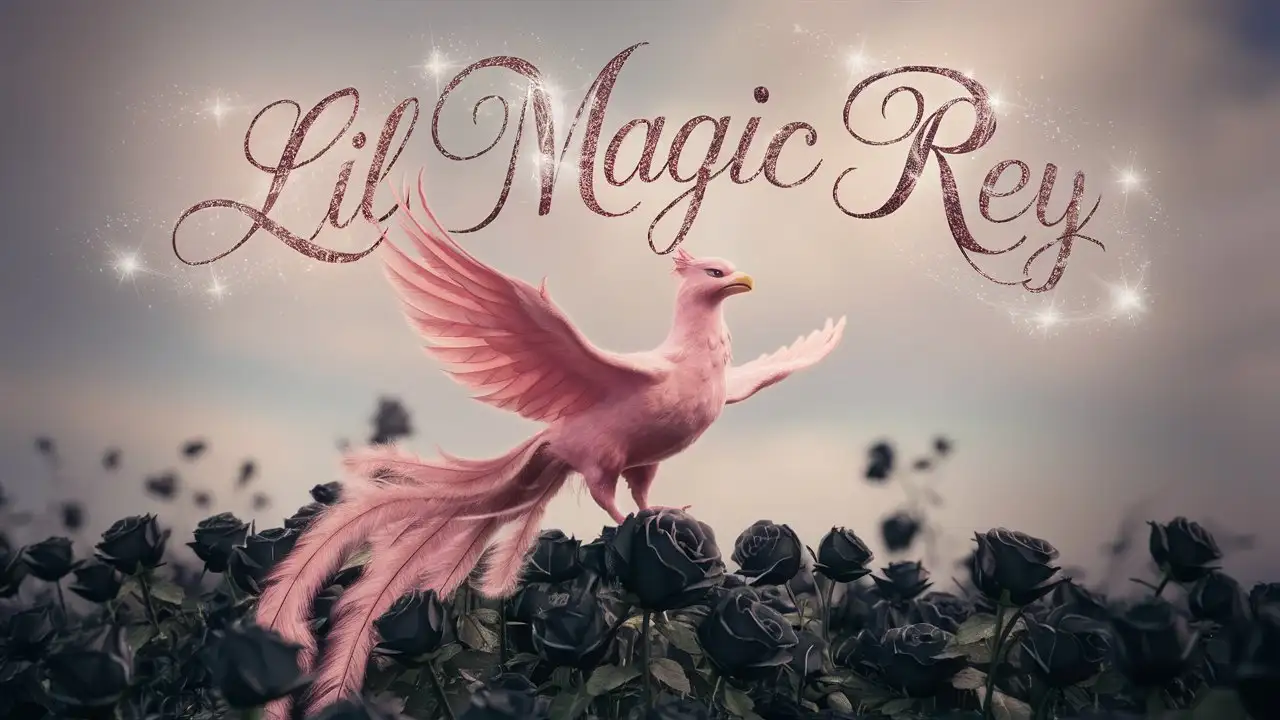 Fondo de pantalla difuminado,de un fénix rosa en un campo de rosas negras con la frase "Lil Magic Rey" escrita en el cielo a la derecha